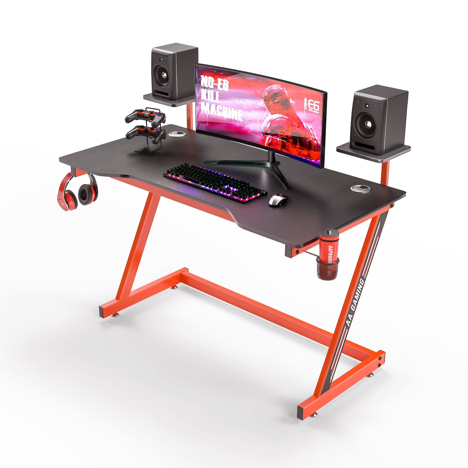 AA Products Gaming Desk 47.2",Z-Shaped Design Computer Desk Suitable for Home and Office with Controller Stand, Cup Holder, Headphone Hook and Loudspeaker Stand(GD-Z-Red) - AA Products Inc