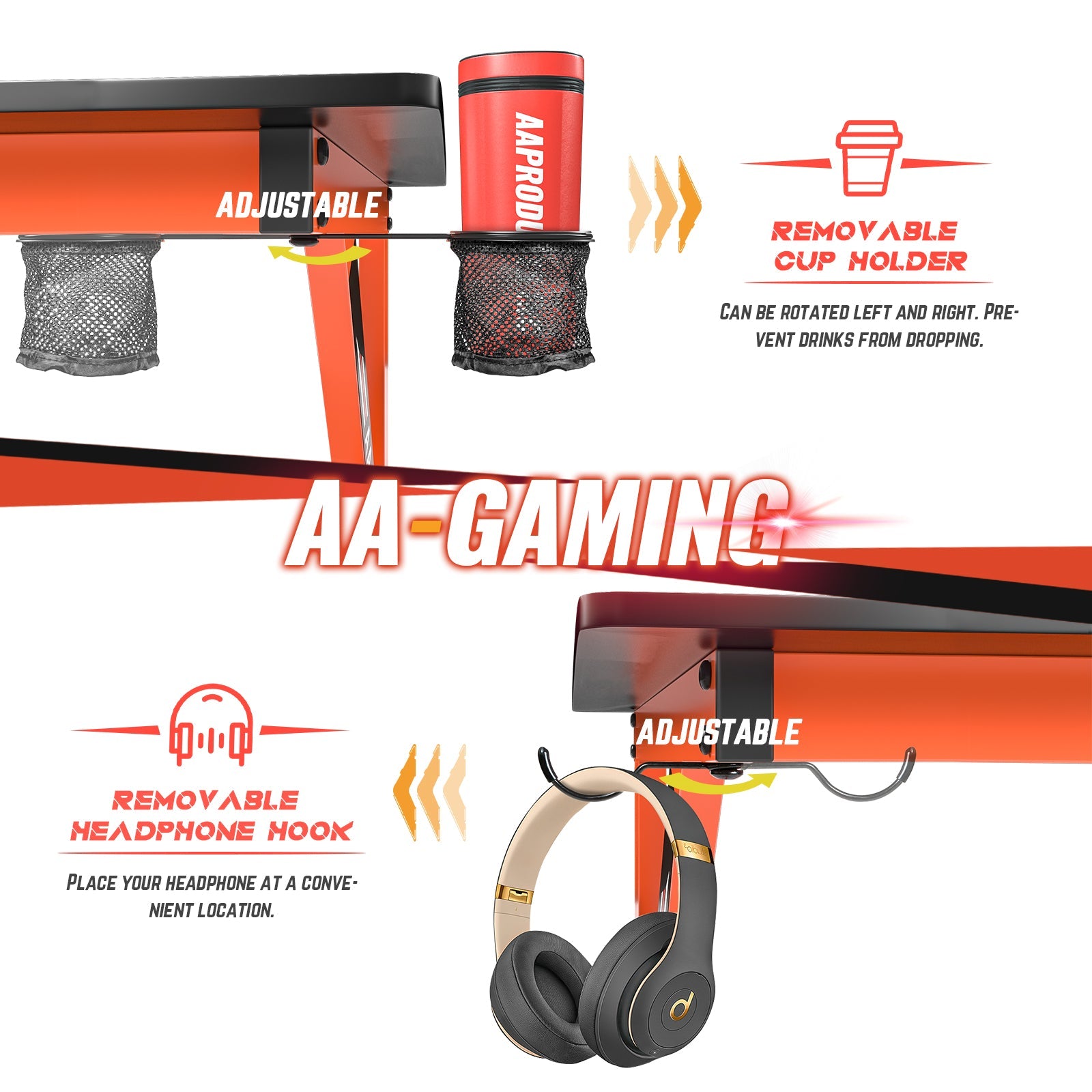 AA Products Gaming Desk 47.2",Z-Shaped Design Computer Desk Suitable for Home and Office with Controller Stand, Cup Holder, Headphone Hook and Loudspeaker Stand(GD-Z-Red) - AA Products Inc