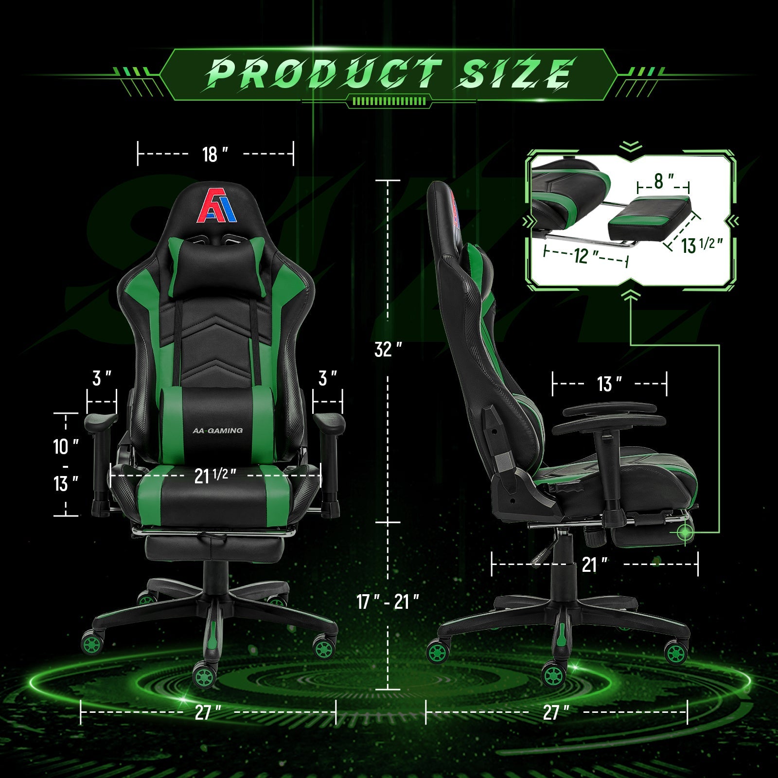 AA Products Gaming Chair High Back Ergonomic Computer Racing Chair Adjustable Gamer Chair with Footrest, Lumbar Support Swivel Chair – BlackGreen - AA Products Inc