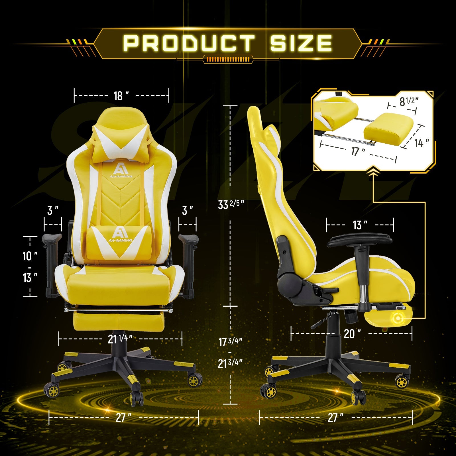 AA Products Gaming Chair High Back Ergonomic Computer Racing Chair Adjustable Gamer Chair with Footrest, Lumbar Support Swivel Chair – YellowWhite - AA Products Inc