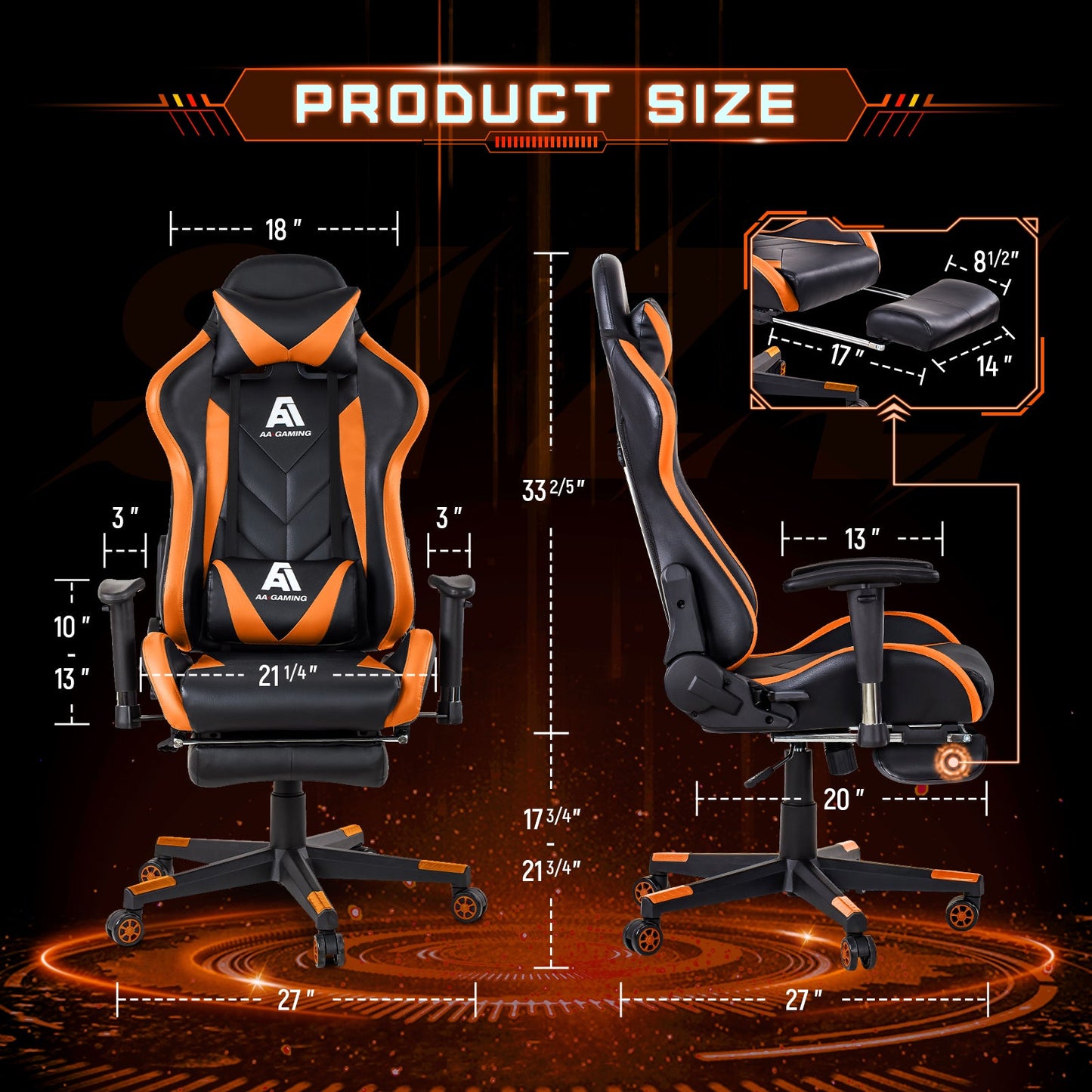 AA Products Gaming Chair High Back Ergonomic Computer Racing Chair Adjustable Office Chair with Footrest, Lumbar Support Swivel Chair - Orange - AA Products Inc