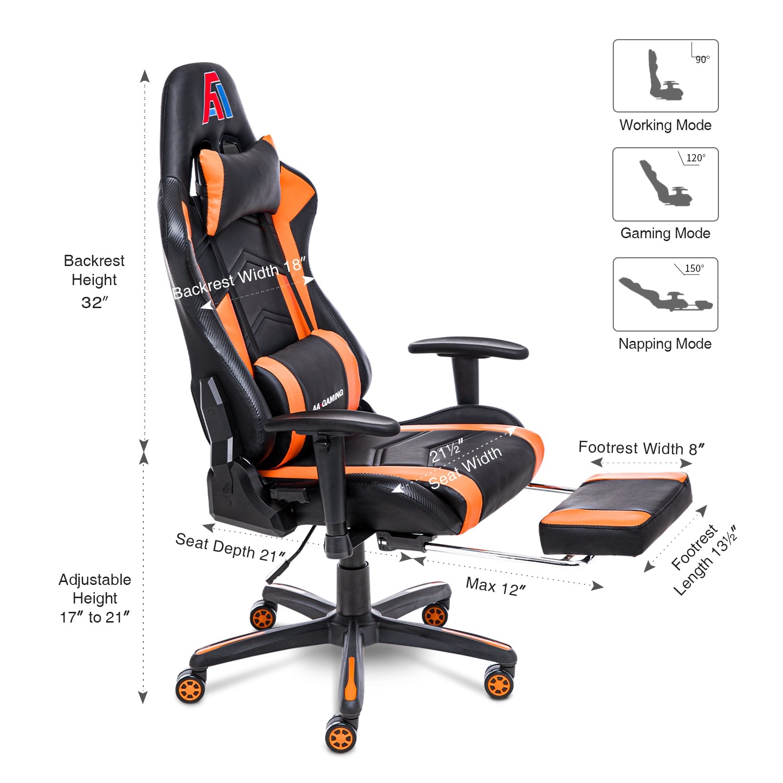 AA Products Gaming Chair Ergonomic High Back Computer Racing Chair Adjustable Office Chair with Footrest, Lumbar Support Swivel Chair - BlackOrange - AA Products Inc