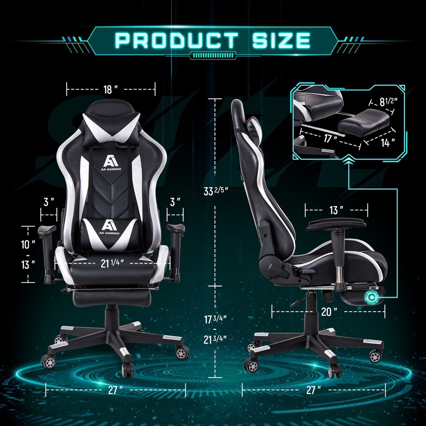 AA Products Gaming Chair High Back Ergonomic Computer Racing Chair Adjustable Office Chair with Footrest, Lumbar Support Swivel Chair - White - AA Products Inc