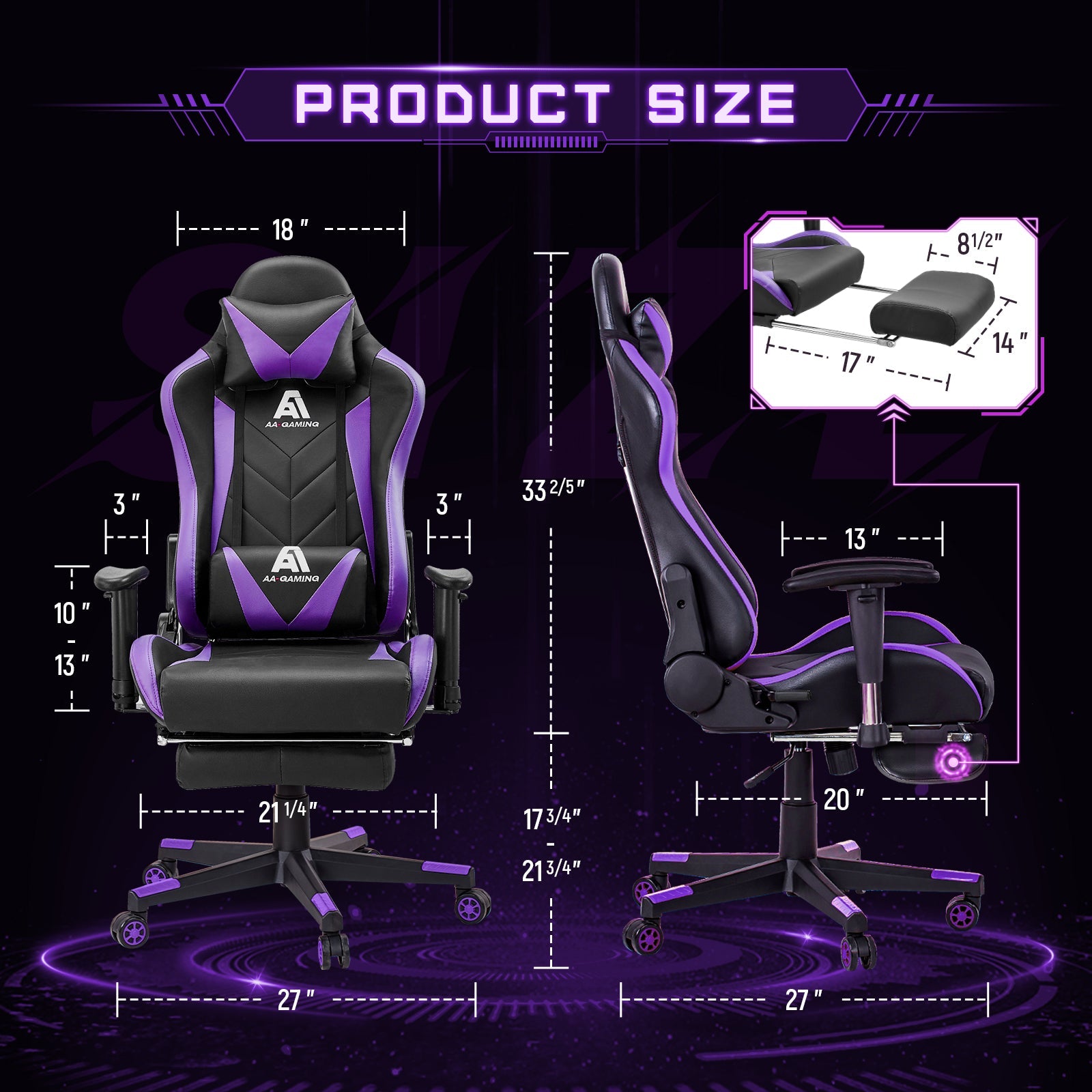 AA Products Gaming Chair High Back Ergonomic Computer Racing Chair Adjustable Gamer Chair with Footrest, Lumbar Support Swivel Chair – BlackPurple - AA Products Inc