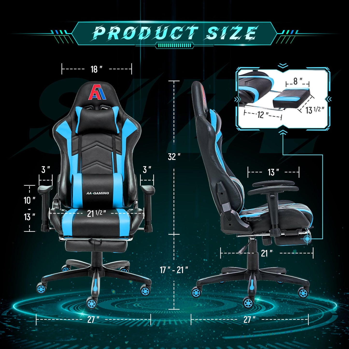 AA Products Gaming Chair Ergonomic High Back Computer Racing Chair Adjustable Office Chair with Footrest, Lumbar Support Swivel Chair - Upgraded Version BlackBlue(GChair03-footrest-BlackBlue) - AA Products Inc