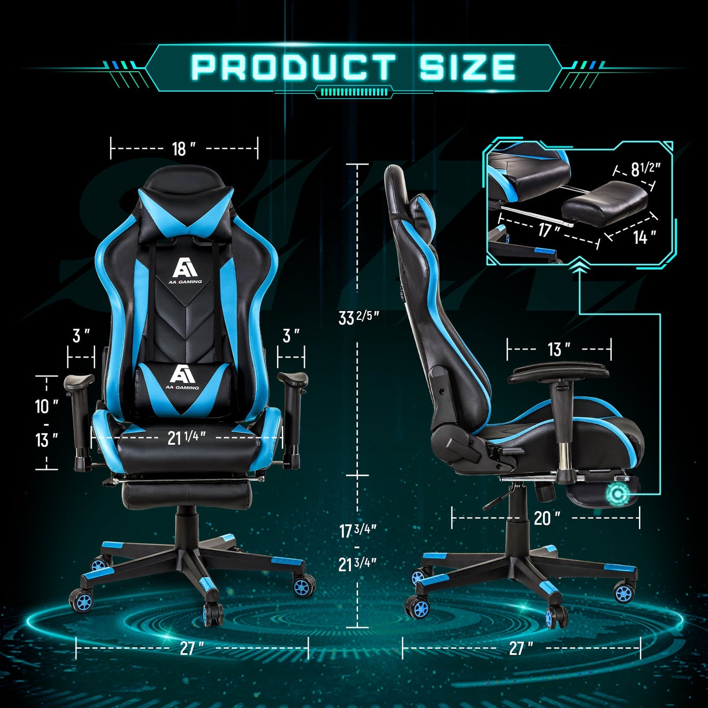 AA Products Gaming Chair High Back Ergonomic Computer Racing Chair Adjustable Office Chair with Footrest, Lumbar Support Swivel Chair - Blue - AA Products Inc