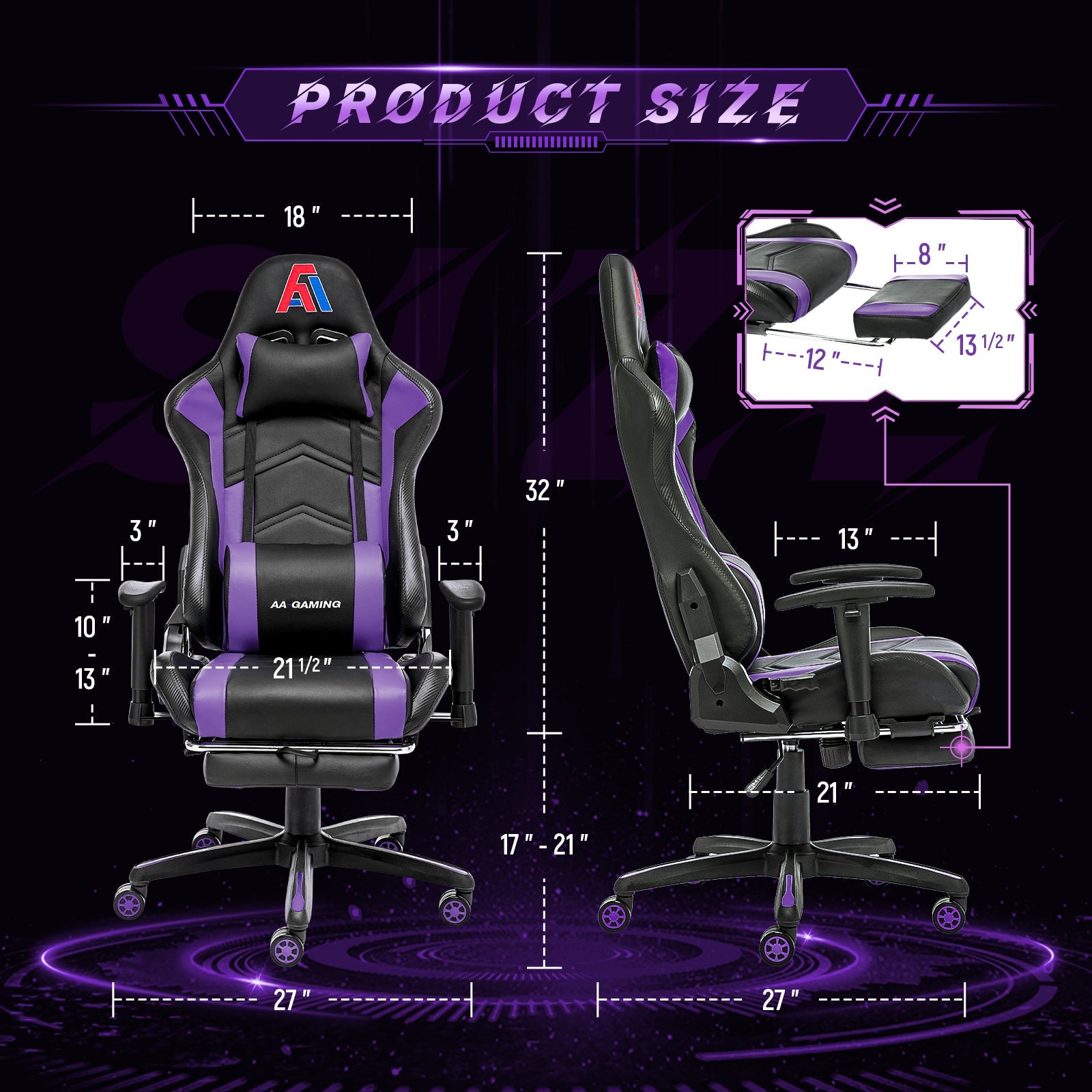 AA Products Gaming Chair High Back Ergonomic Computer Racing Chair Adjustable Gamer Chair with Footrest, Lumbar Support Swivel Chair – BlackPurple - AA Products Inc