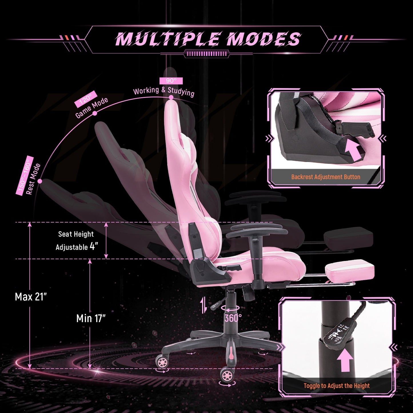 AA Products Gaming Chair Ergonomic High Back Computer Racing Chair Adjustable Office Chair - WhitePink - AA Products Inc