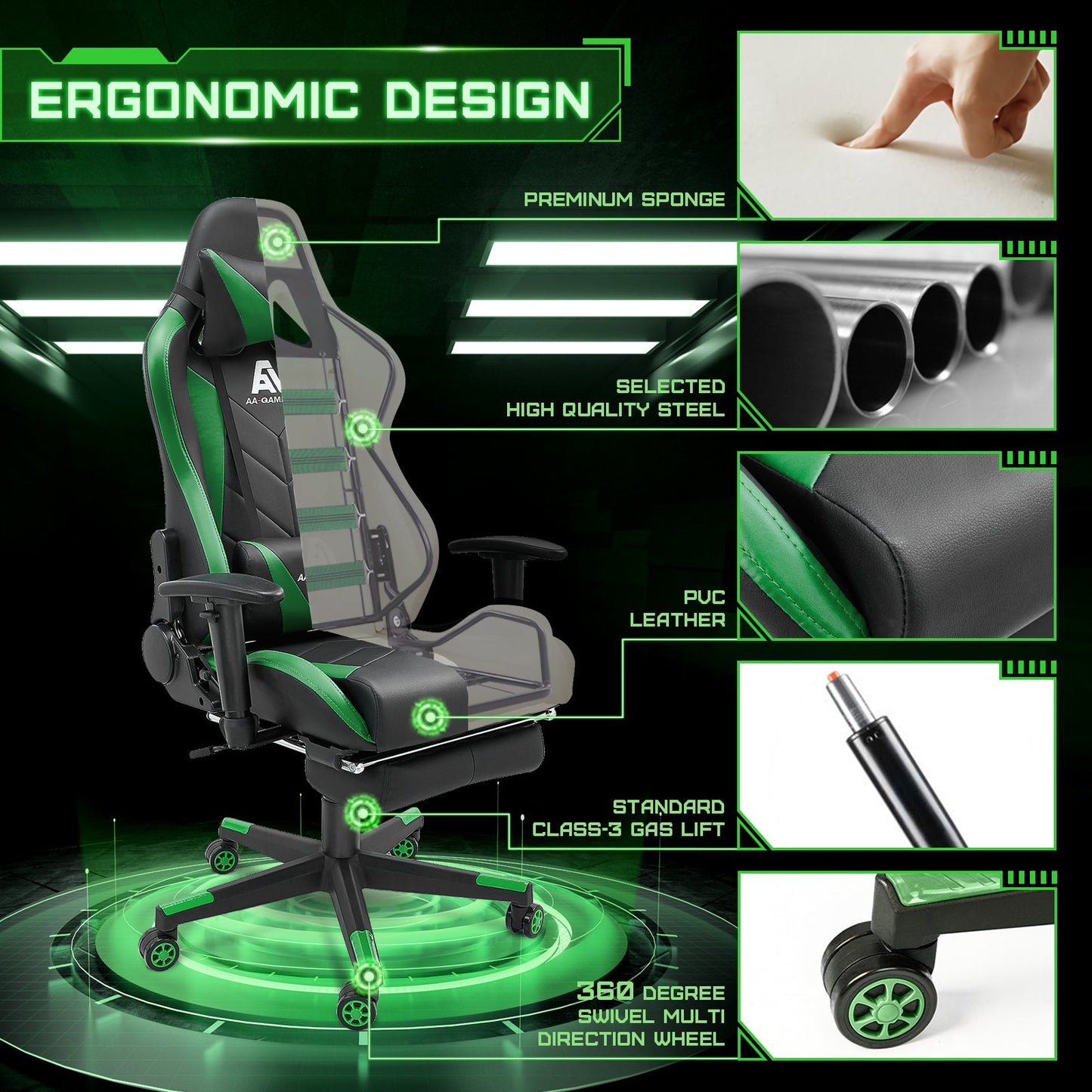 AA Products Gaming Chair High Back Ergonomic Computer Racing Chair Adjustable Gamer Chair with Footrest, Lumbar Support Swivel Chair – BlackGreen - AA Products Inc