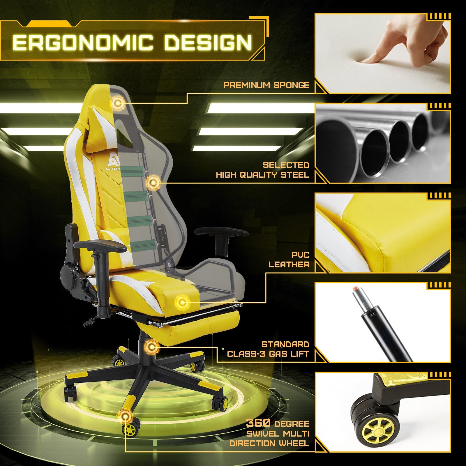 AA Products Gaming Chair High Back Ergonomic Computer Racing Chair Adjustable Gamer Chair with Footrest, Lumbar Support Swivel Chair – YellowWhite - AA Products Inc