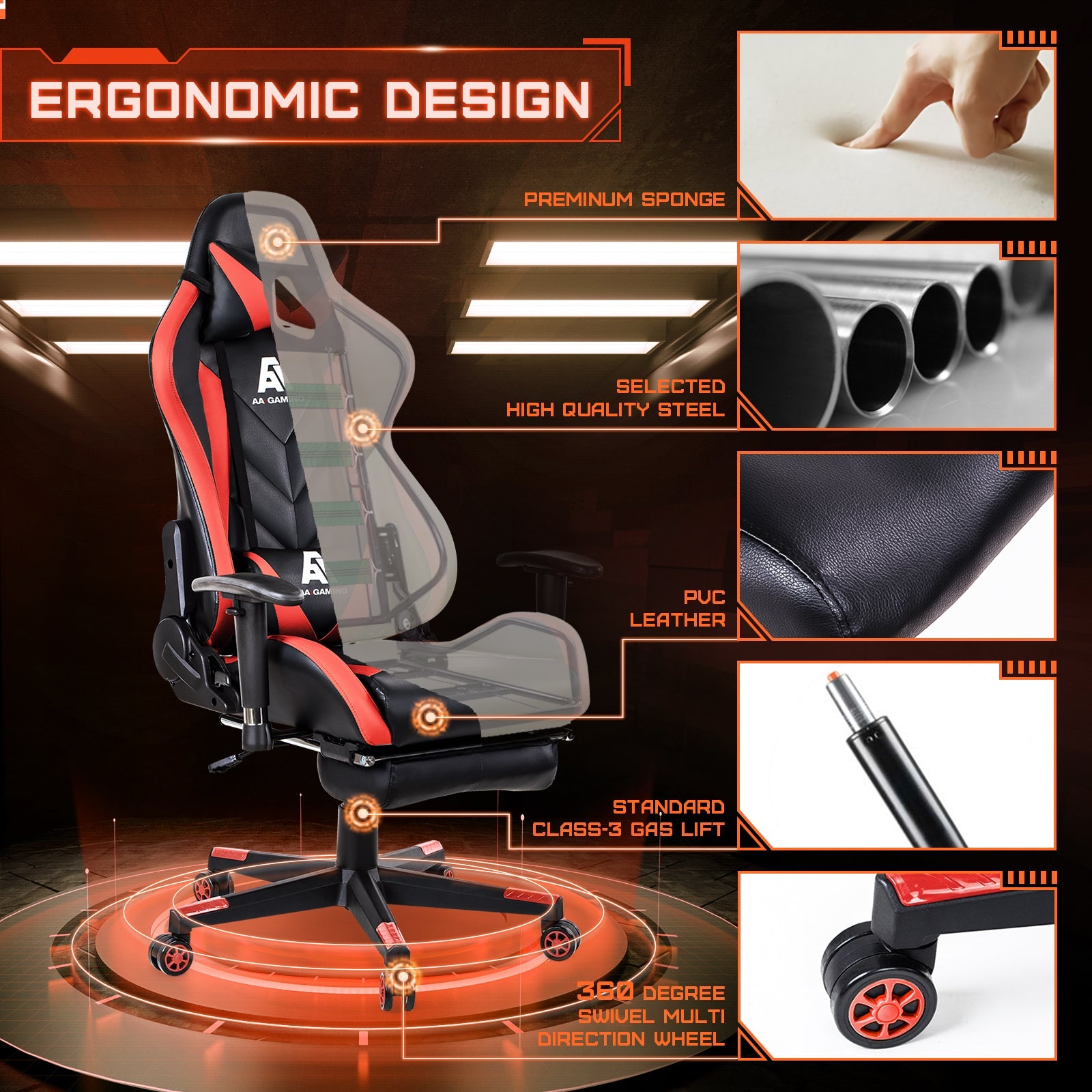 AA Products Gaming Chair High Back Ergonomic Computer Racing Chair Adjustable Office Chair with Footrest, Lumbar Support Swivel Chair - Red - AA Products Inc