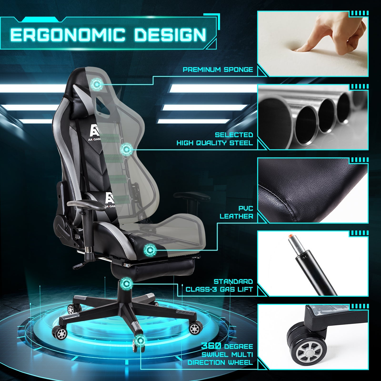 AA Products Gaming Chair High Back Ergonomic Computer Racing Chair Adjustable Office Chair with Footrest, Lumbar Support Swivel Chair - Grey - AA Products Inc