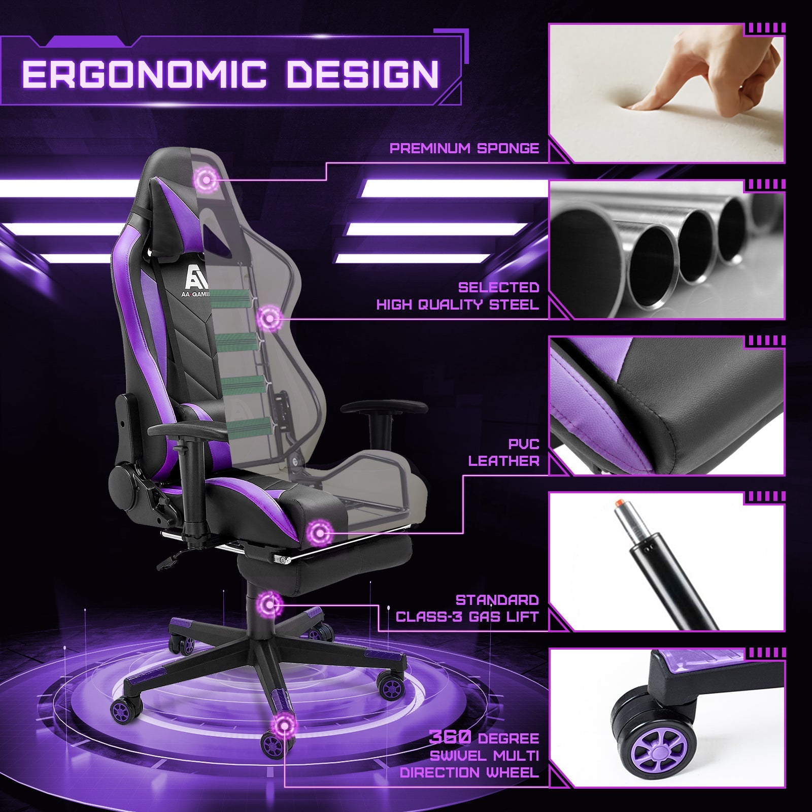 AA Products Gaming Chair High Back Ergonomic Computer Racing Chair Adjustable Gamer Chair with Footrest, Lumbar Support Swivel Chair – BlackPurple - AA Products Inc