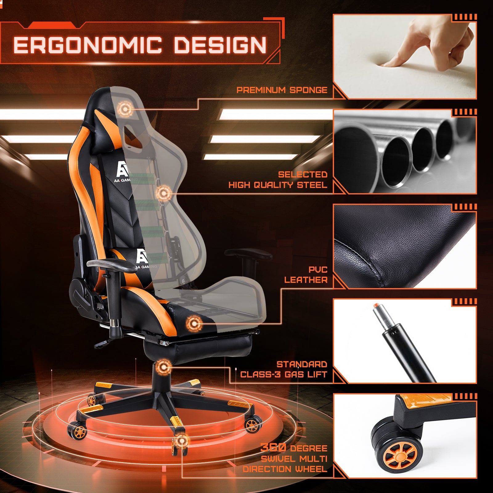 AA Products Gaming Chair High Back Ergonomic Computer Racing Chair Adjustable Office Chair with Footrest, Lumbar Support Swivel Chair - Orange - AA Products Inc