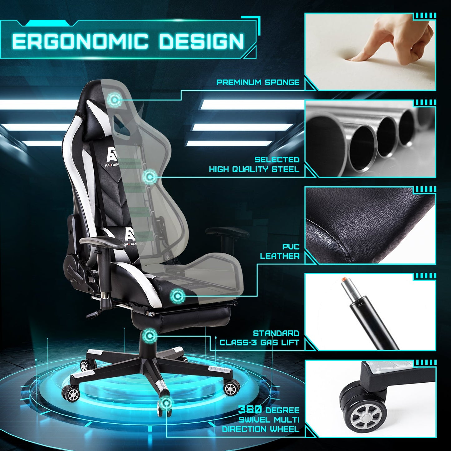 AA Products Gaming Chair High Back Ergonomic Computer Racing Chair Adjustable Office Chair with Footrest, Lumbar Support Swivel Chair - White - AA Products Inc