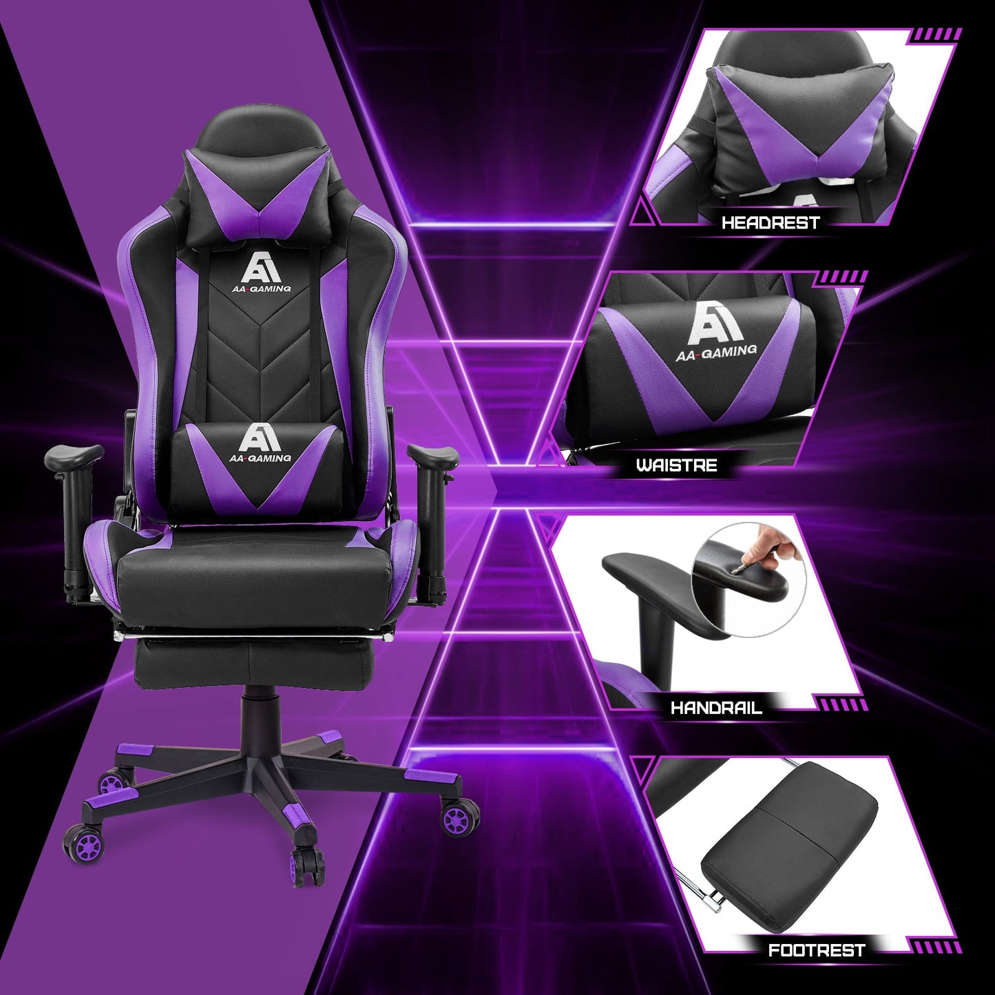 AA Products Gaming Chair High Back Ergonomic Computer Racing Chair Adjustable Gamer Chair with Footrest, Lumbar Support Swivel Chair – BlackPurple - AA Products Inc