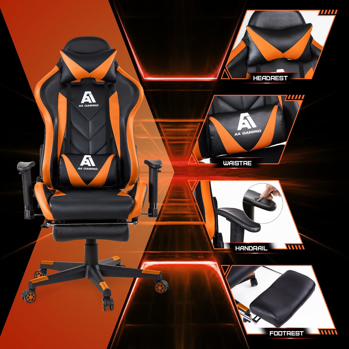 AA Products Gaming Chair High Back Ergonomic Computer Racing Chair Adjustable Office Chair with Footrest, Lumbar Support Swivel Chair - Orange - AA Products Inc