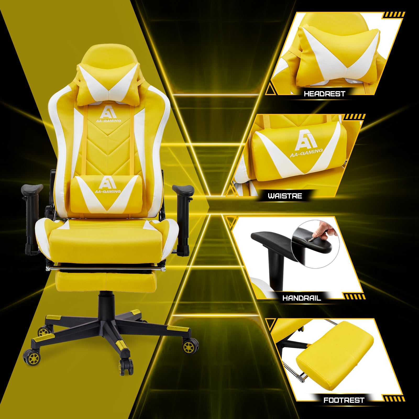 AA Products Gaming Chair High Back Ergonomic Computer Racing Chair Adjustable Gamer Chair with Footrest, Lumbar Support Swivel Chair – YellowWhite - AA Products Inc