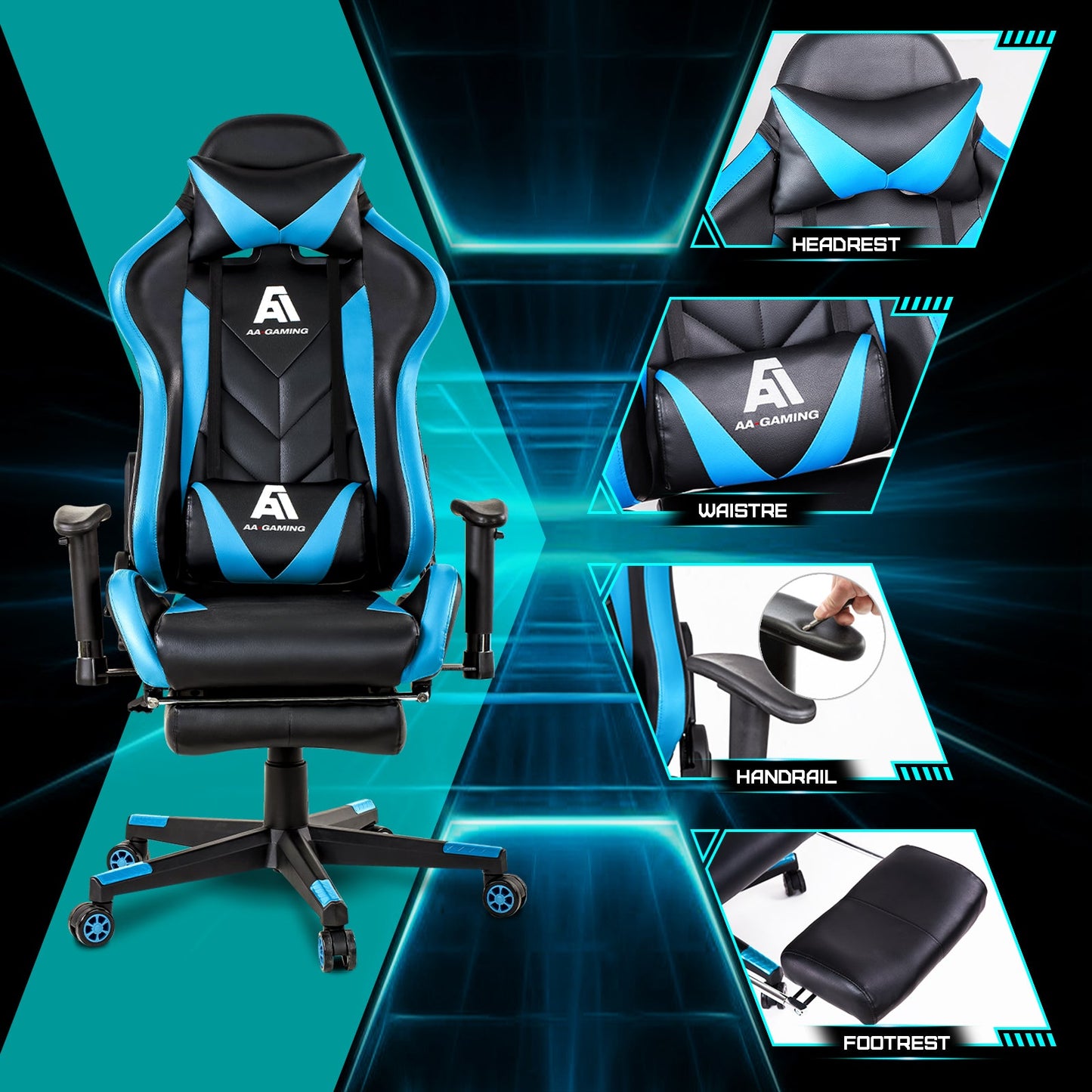 AA Products Gaming Chair High Back Ergonomic Computer Racing Chair Adjustable Office Chair with Footrest, Lumbar Support Swivel Chair - Blue - AA Products Inc