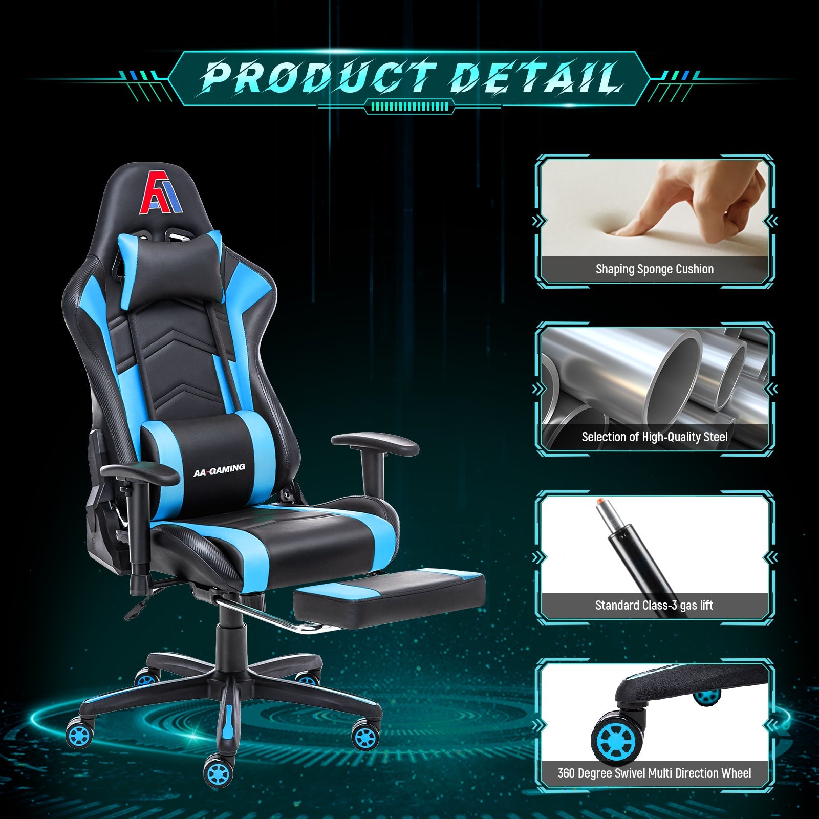 AA Products Gaming Chair Ergonomic High Back Computer Racing Chair Adjustable Office Chair with Footrest, Lumbar Support Swivel Chair - Upgraded Version BlackBlue(GChair03-footrest-BlackBlue) - AA Products Inc