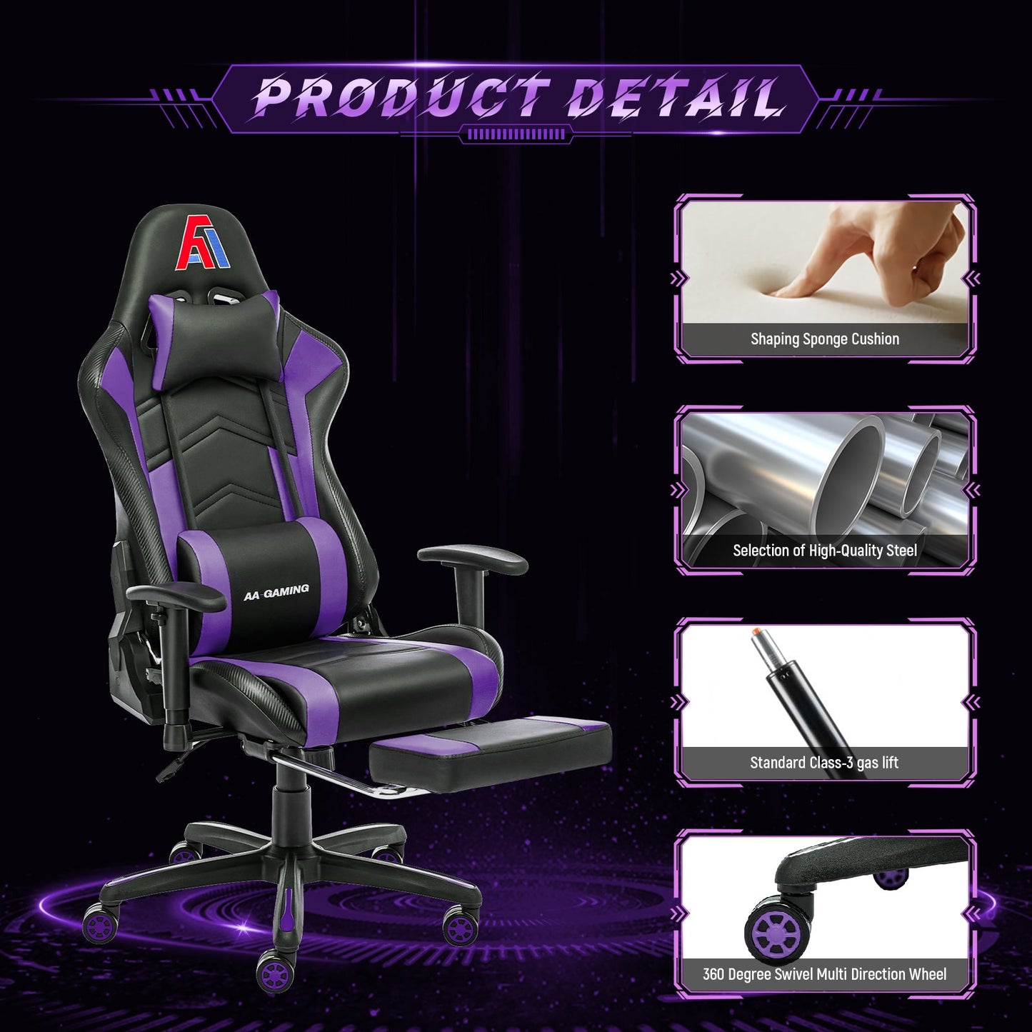 AA Products Gaming Chair High Back Ergonomic Computer Racing Chair Adjustable Gamer Chair with Footrest, Lumbar Support Swivel Chair – BlackPurple - AA Products Inc