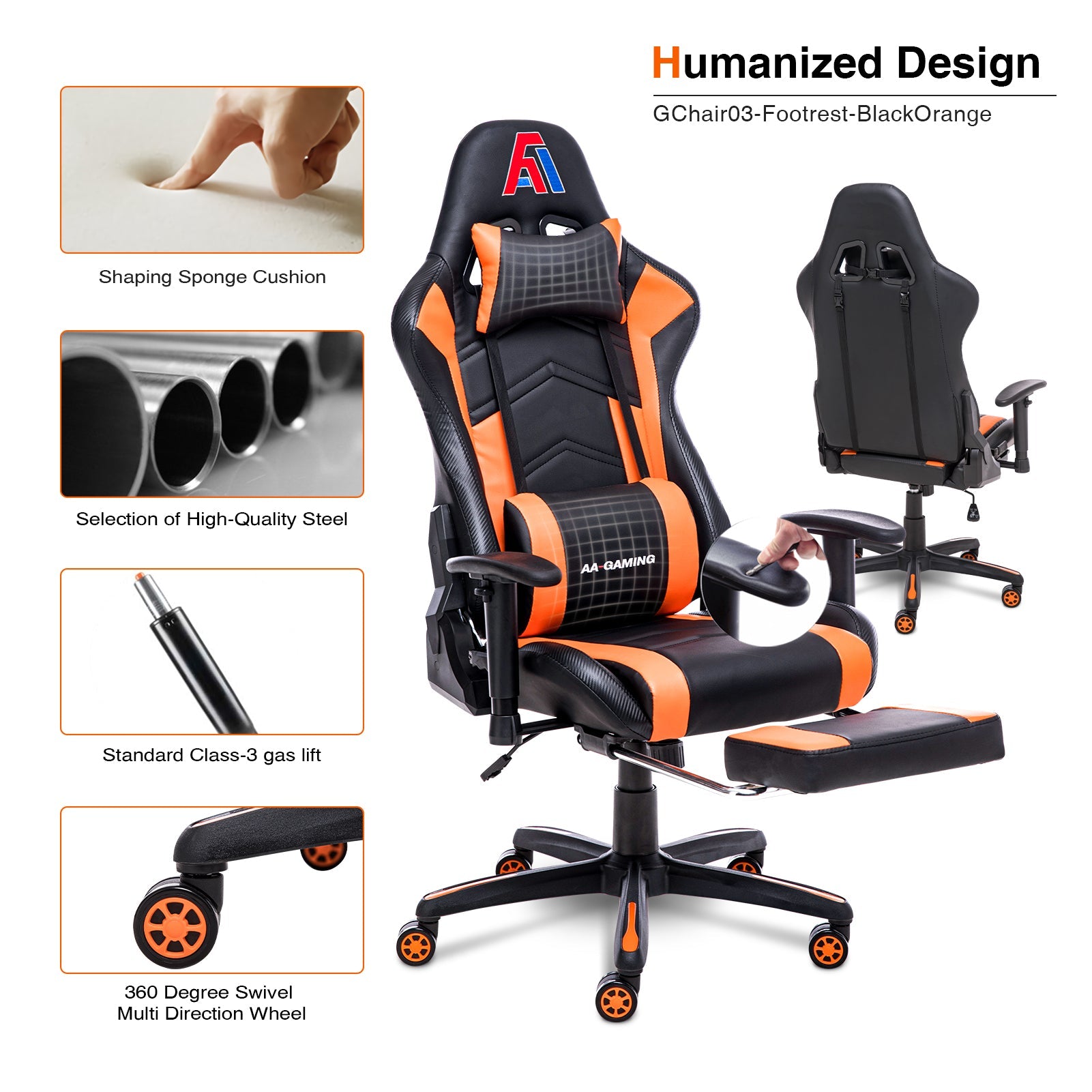 AA Products Gaming Chair Ergonomic High Back Computer Racing Chair Adjustable Office Chair with Footrest, Lumbar Support Swivel Chair - BlackOrange - AA Products Inc