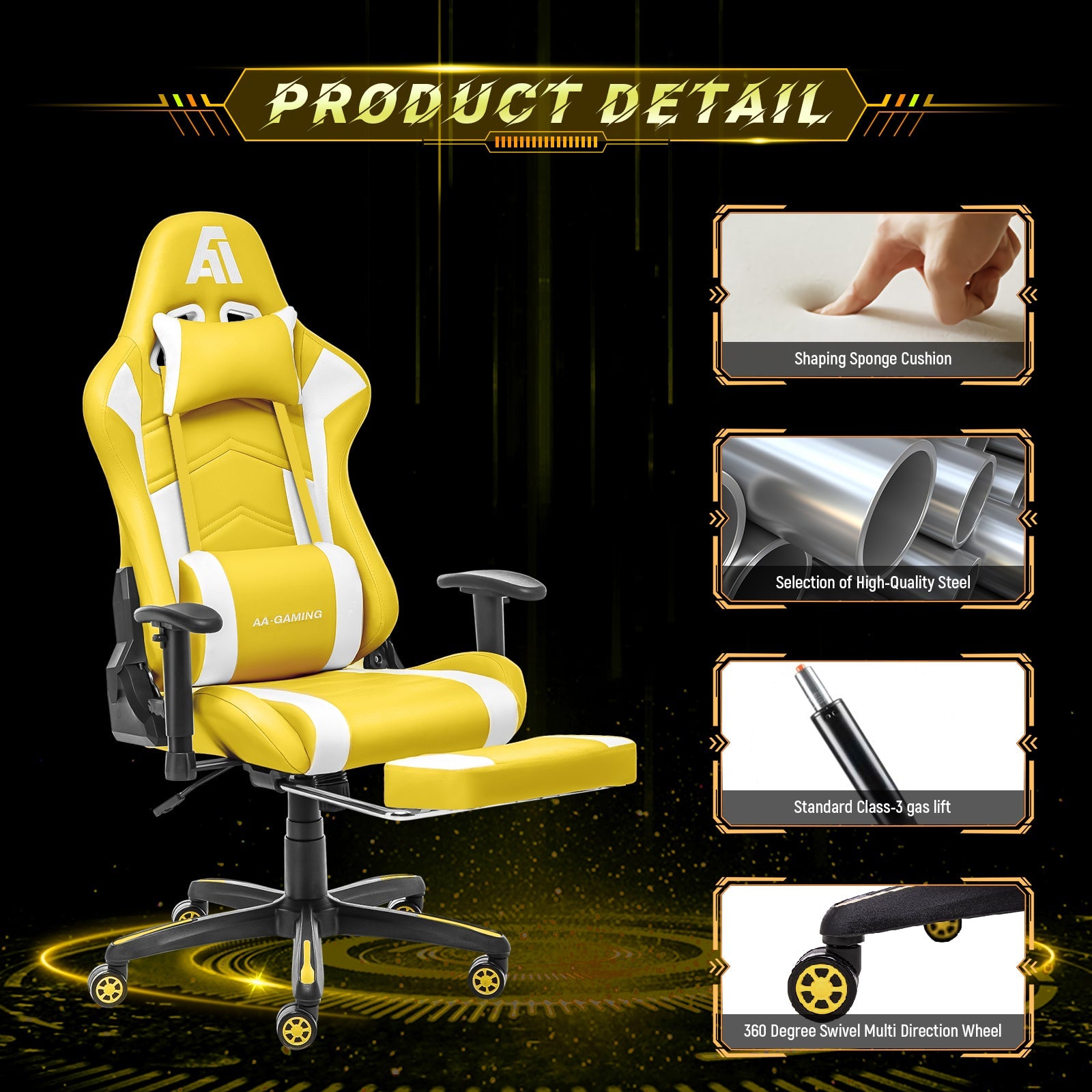 AA Products Gaming Chair High Back Ergonomic Computer Racing Chair Adjustable Gamer Chair with Footrest, Lumbar Support Swivel Chair – YellowWhite - AA Products Inc