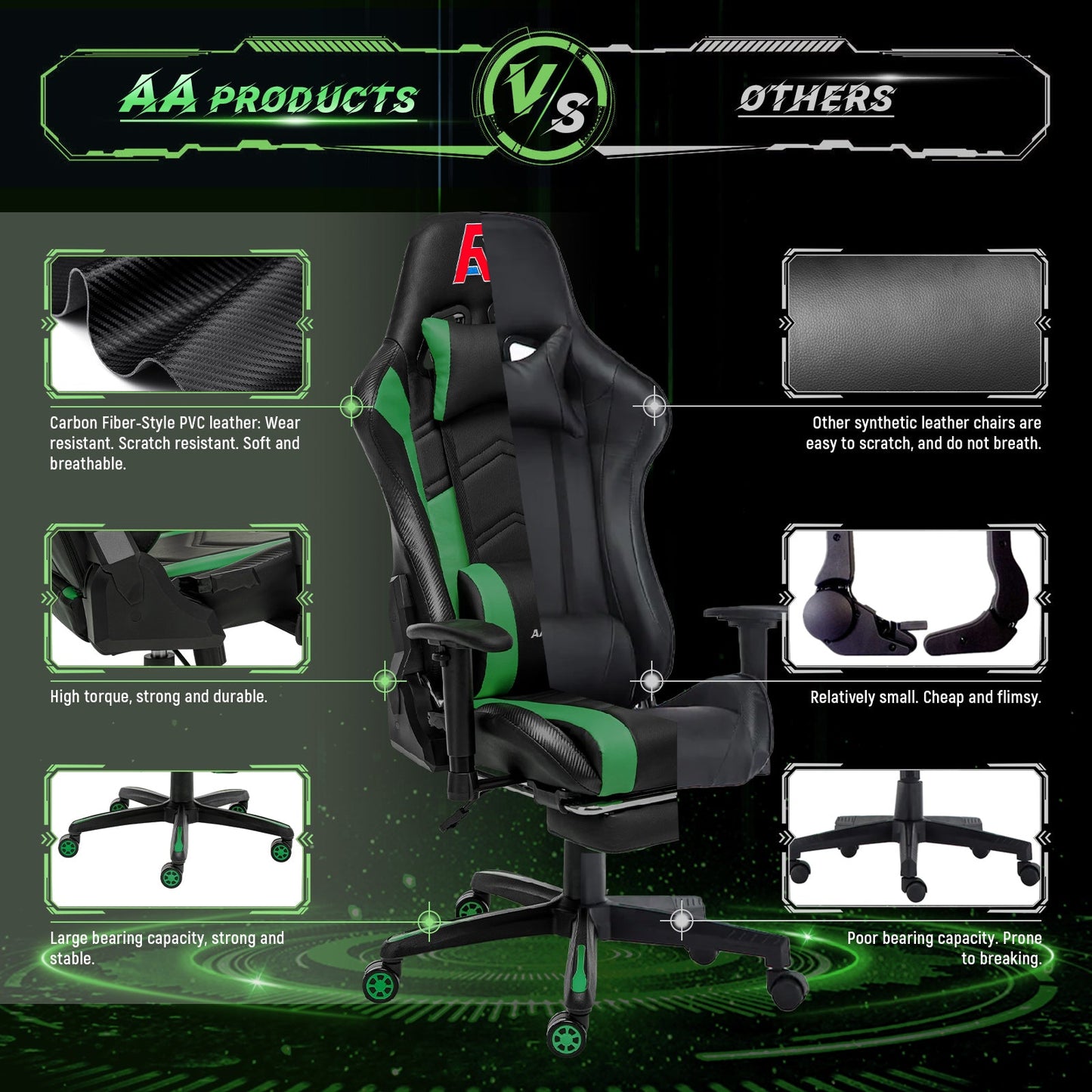 AA Products Gaming Chair High Back Ergonomic Computer Racing Chair Adjustable Gamer Chair with Footrest, Lumbar Support Swivel Chair – BlackGreen - AA Products Inc