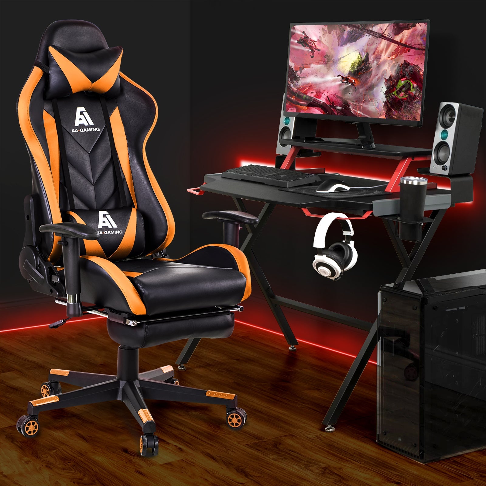 AA Products Gaming Chair High Back Ergonomic Computer Racing Chair Adjustable Office Chair with Footrest, Lumbar Support Swivel Chair - Orange - AA Products Inc