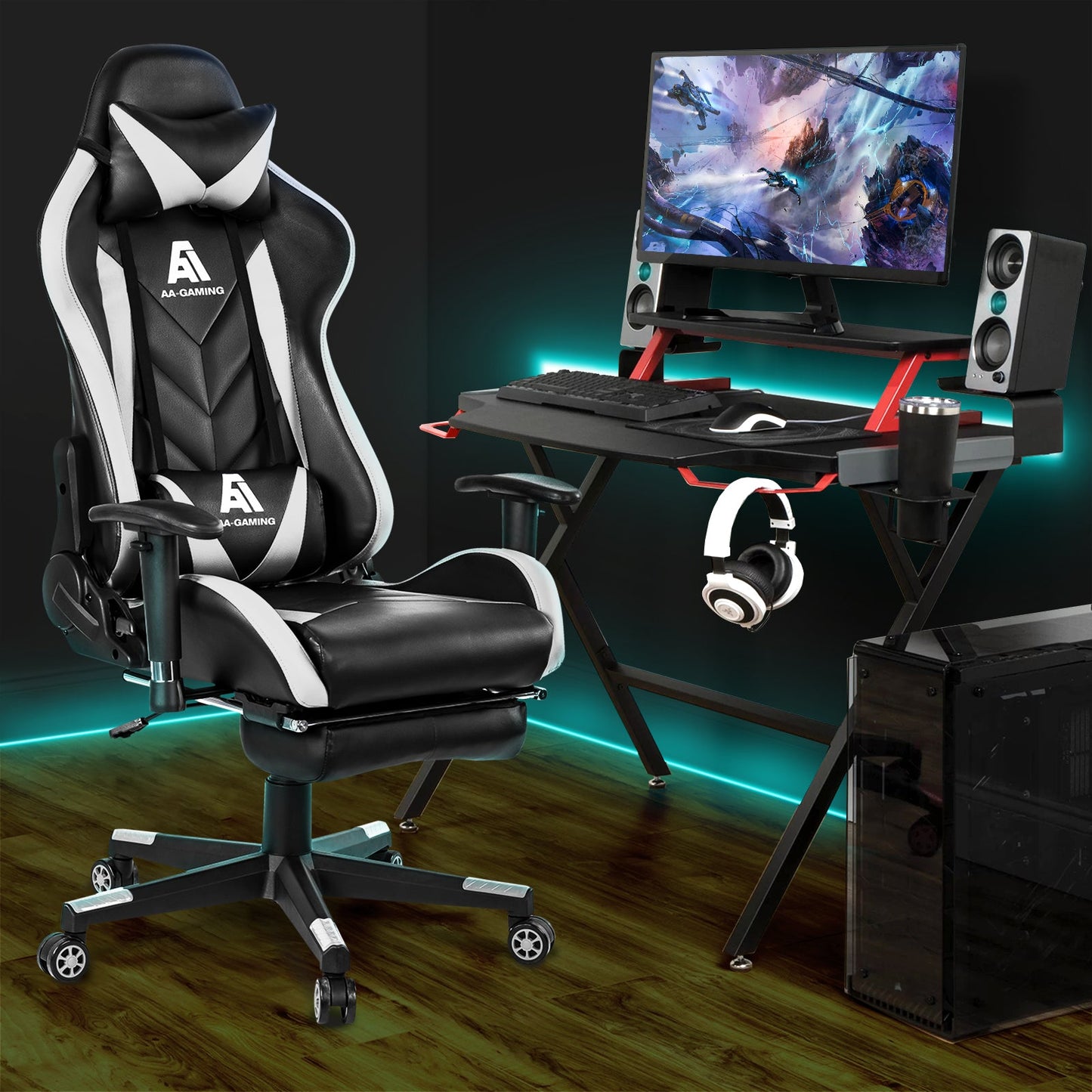 AA Products Gaming Chair High Back Ergonomic Computer Racing Chair Adjustable Office Chair with Footrest, Lumbar Support Swivel Chair - White - AA Products Inc