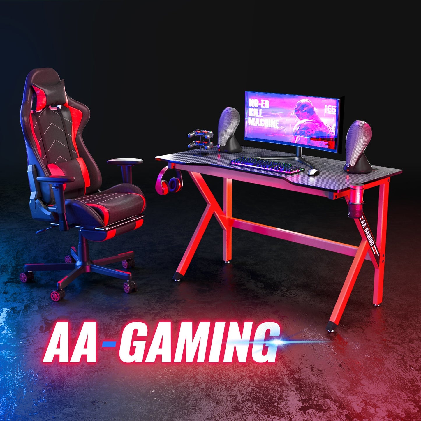 Gaming Desk 47.2 Inches K-Shaped Design Computer Desk Suitable for Home and Office with Controller Stand, Cup Holder and Headphone Hook(GD-K-Red) - AA Products Inc