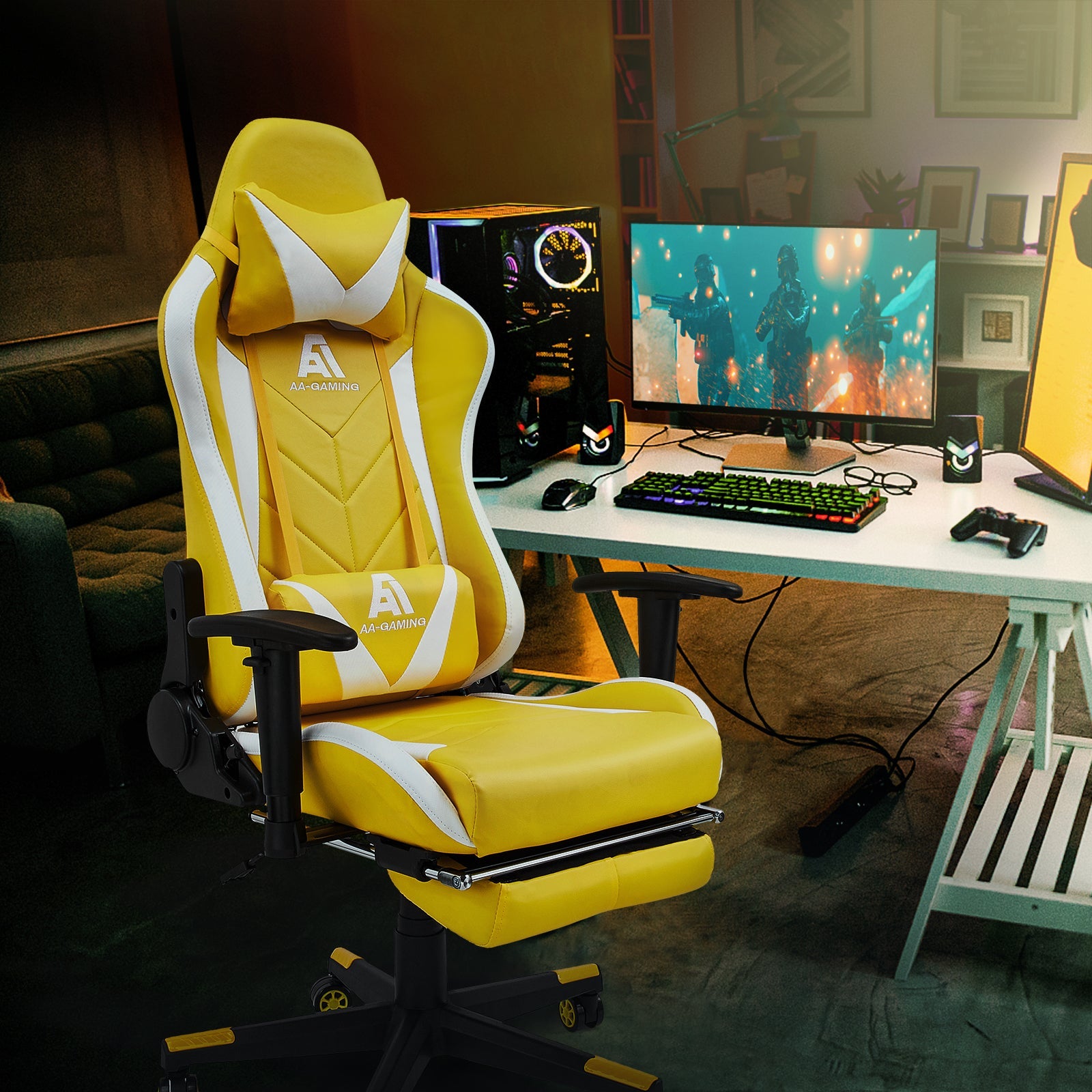 AA Products Gaming Chair High Back Ergonomic Computer Racing Chair Adjustable Gamer Chair with Footrest, Lumbar Support Swivel Chair – YellowWhite - AA Products Inc