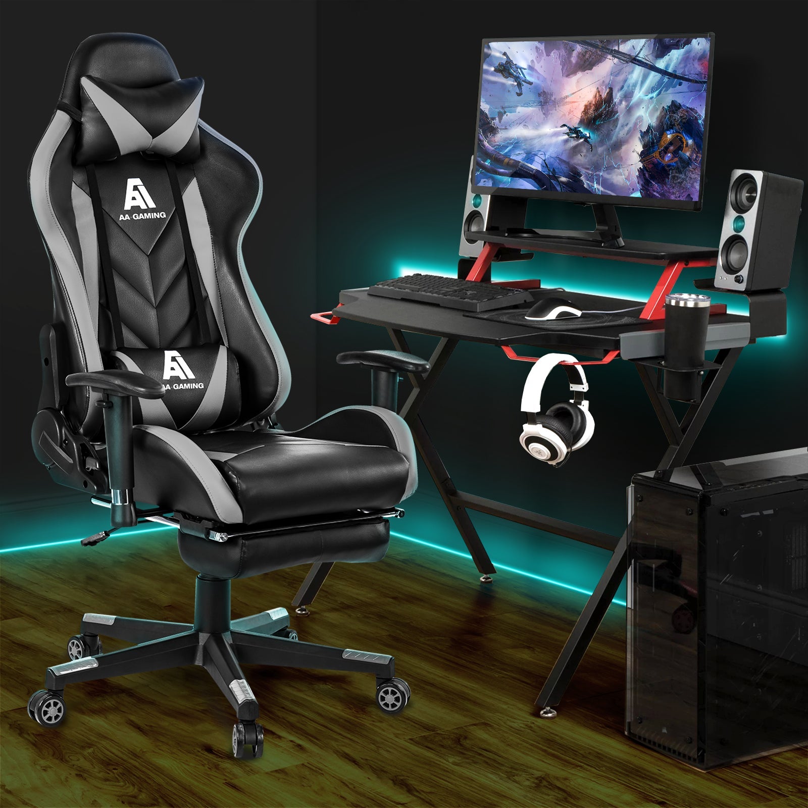 AA Products Gaming Chair High Back Ergonomic Computer Racing Chair Adjustable Office Chair with Footrest, Lumbar Support Swivel Chair - Grey - AA Products Inc