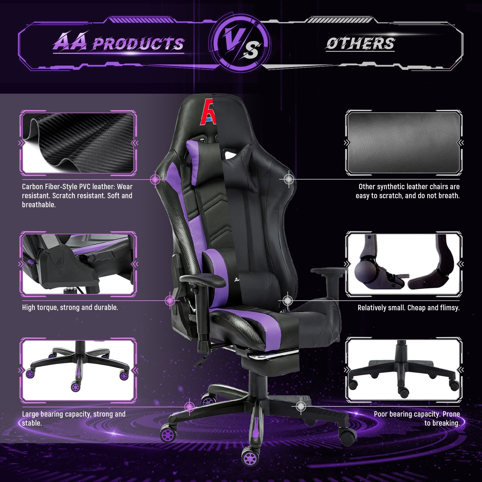 AA Products Gaming Chair High Back Ergonomic Computer Racing Chair Adjustable Gamer Chair with Footrest, Lumbar Support Swivel Chair – BlackPurple - AA Products Inc