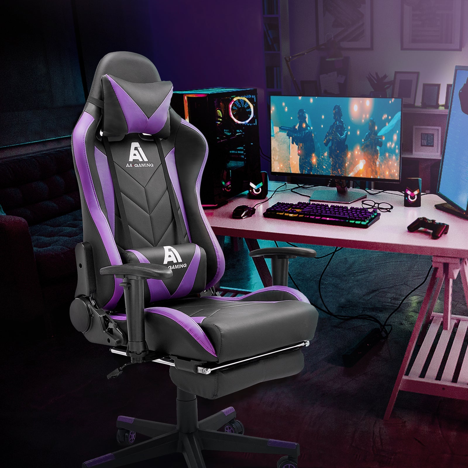 AA Products Gaming Chair High Back Ergonomic Computer Racing Chair Adjustable Gamer Chair with Footrest, Lumbar Support Swivel Chair – BlackPurple - AA Products Inc