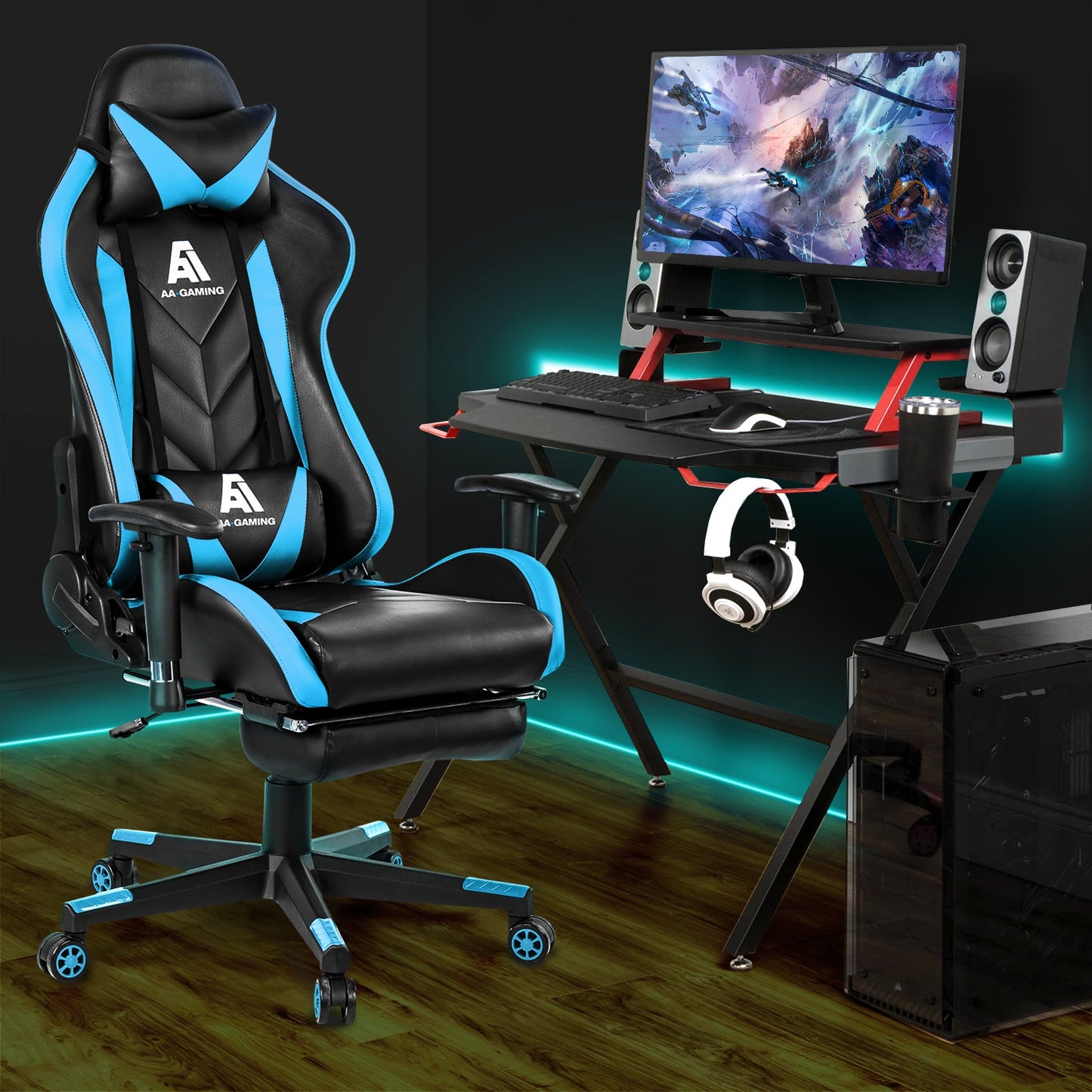 AA Products Gaming Chair High Back Ergonomic Computer Racing Chair Adjustable Office Chair with Footrest, Lumbar Support Swivel Chair - Blue - AA Products Inc