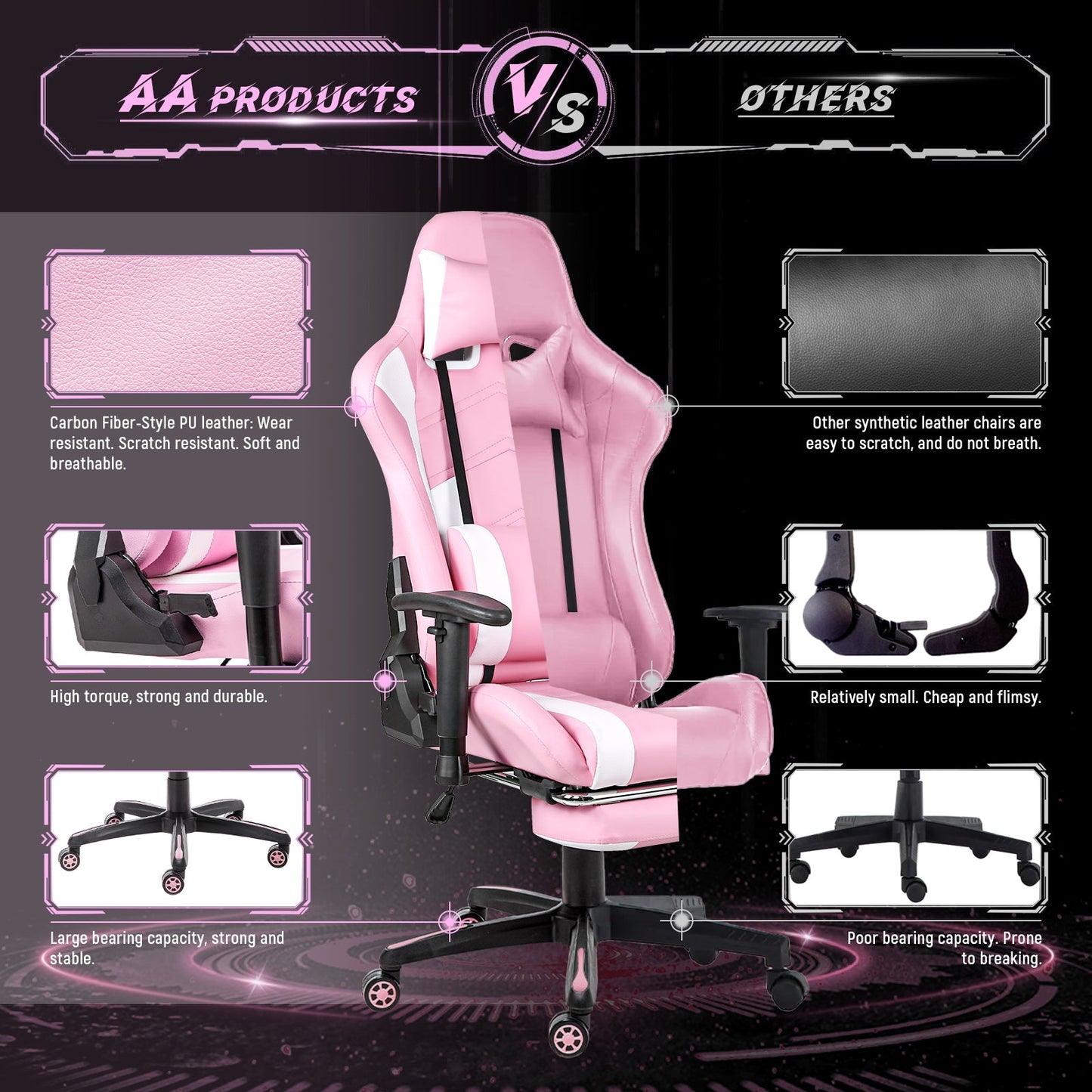 AA Products Gaming Chair Ergonomic High Back Computer Racing Chair Adjustable Office Chair - WhitePink - AA Products Inc