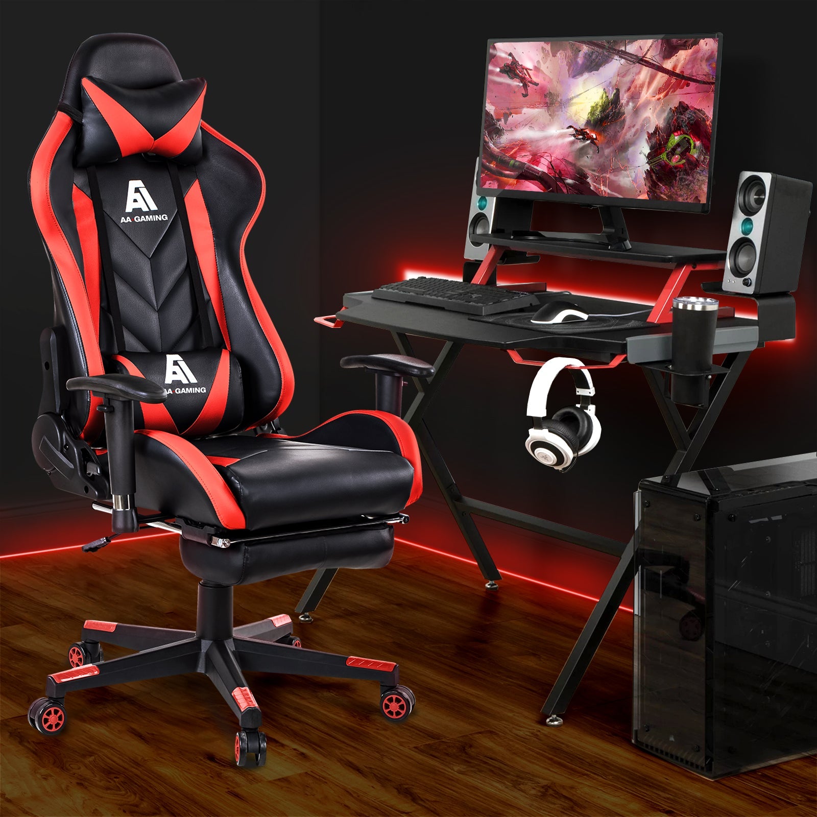 AA Products Gaming Chair High Back Ergonomic Computer Racing Chair Adjustable Office Chair with Footrest, Lumbar Support Swivel Chair - Red - AA Products Inc