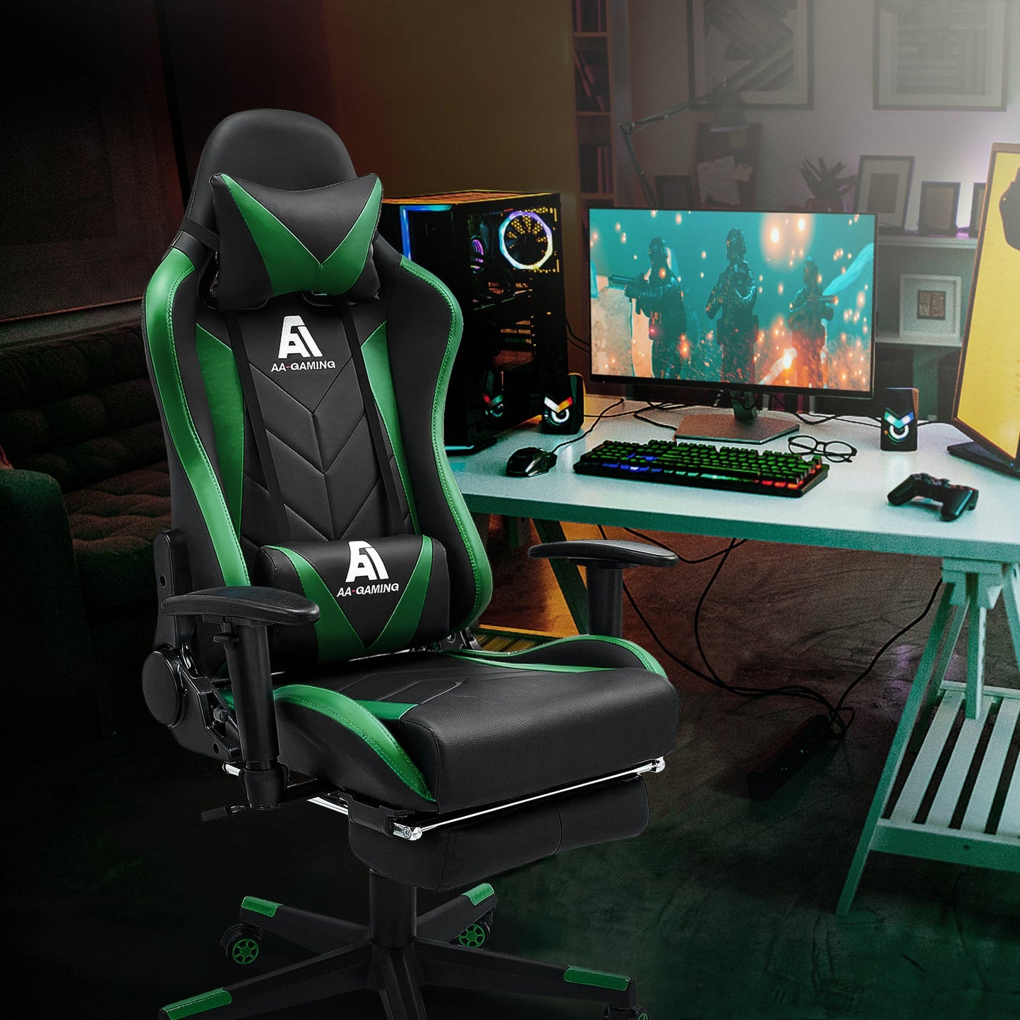 AA Products Gaming Chair High Back Ergonomic Computer Racing Chair Adjustable Gamer Chair with Footrest, Lumbar Support Swivel Chair – BlackGreen - AA Products Inc