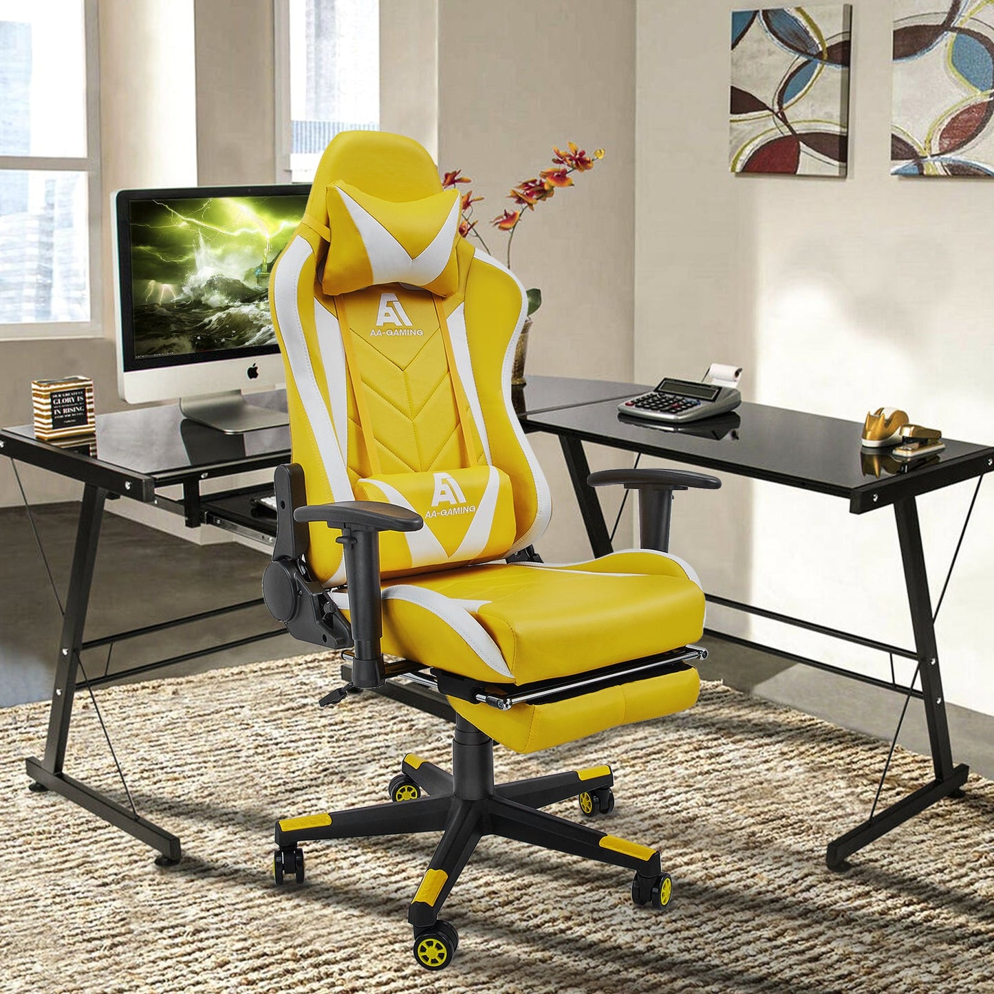 AA Products Gaming Chair High Back Ergonomic Computer Racing Chair Adjustable Gamer Chair with Footrest, Lumbar Support Swivel Chair – YellowWhite - AA Products Inc