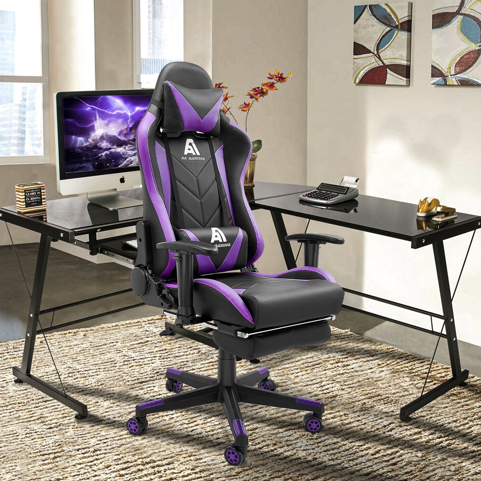 AA Products Gaming Chair High Back Ergonomic Computer Racing Chair Adjustable Gamer Chair with Footrest, Lumbar Support Swivel Chair – BlackPurple - AA Products Inc