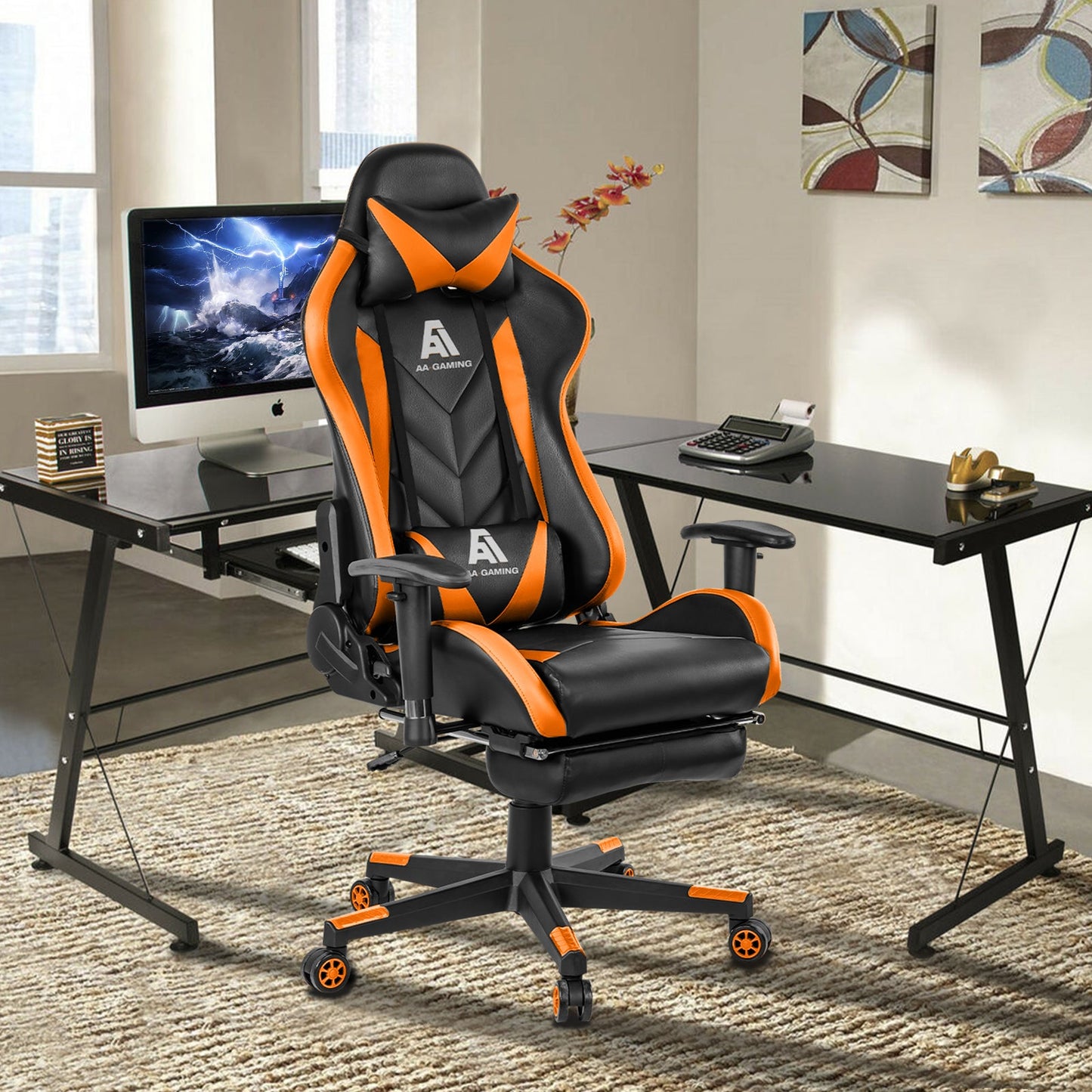 AA Products Gaming Chair High Back Ergonomic Computer Racing Chair Adjustable Office Chair with Footrest, Lumbar Support Swivel Chair - Orange - AA Products Inc