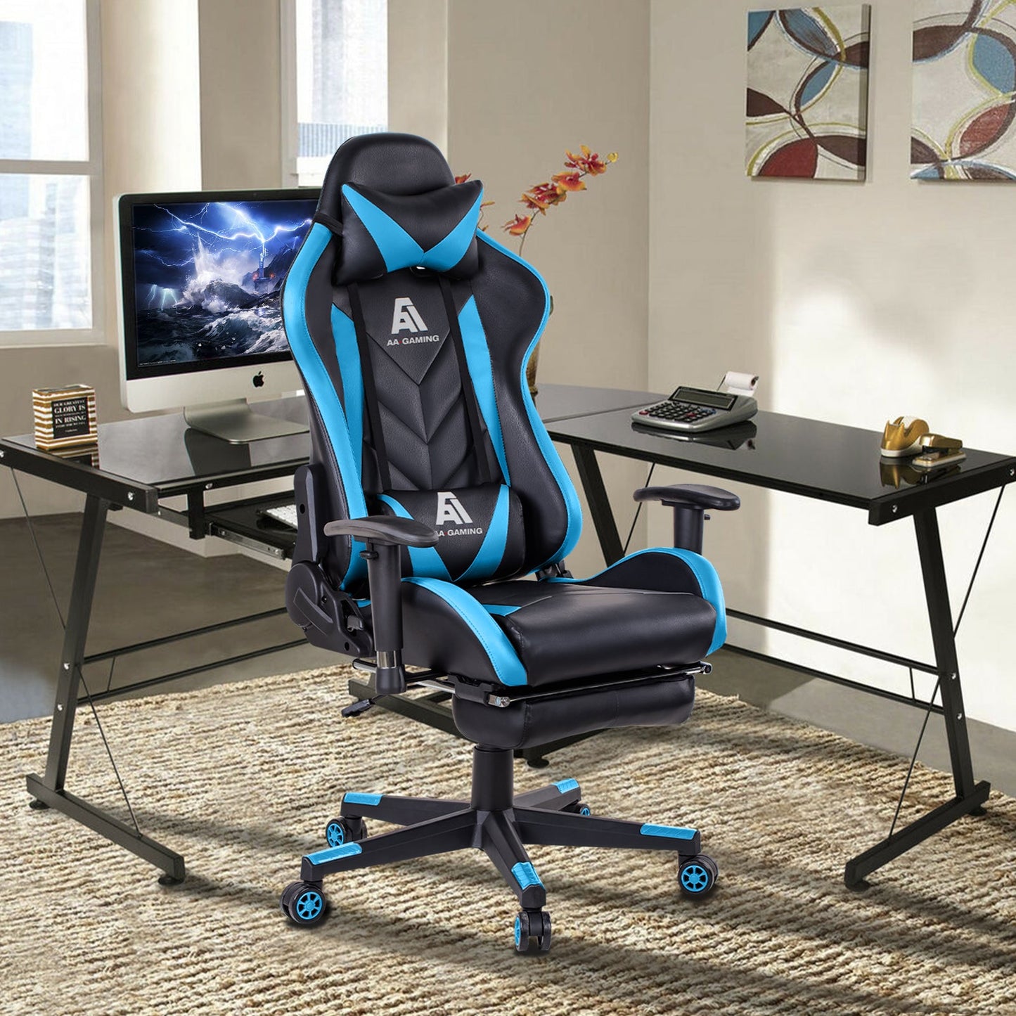 AA Products Gaming Chair High Back Ergonomic Computer Racing Chair Adjustable Office Chair with Footrest, Lumbar Support Swivel Chair - Blue - AA Products Inc