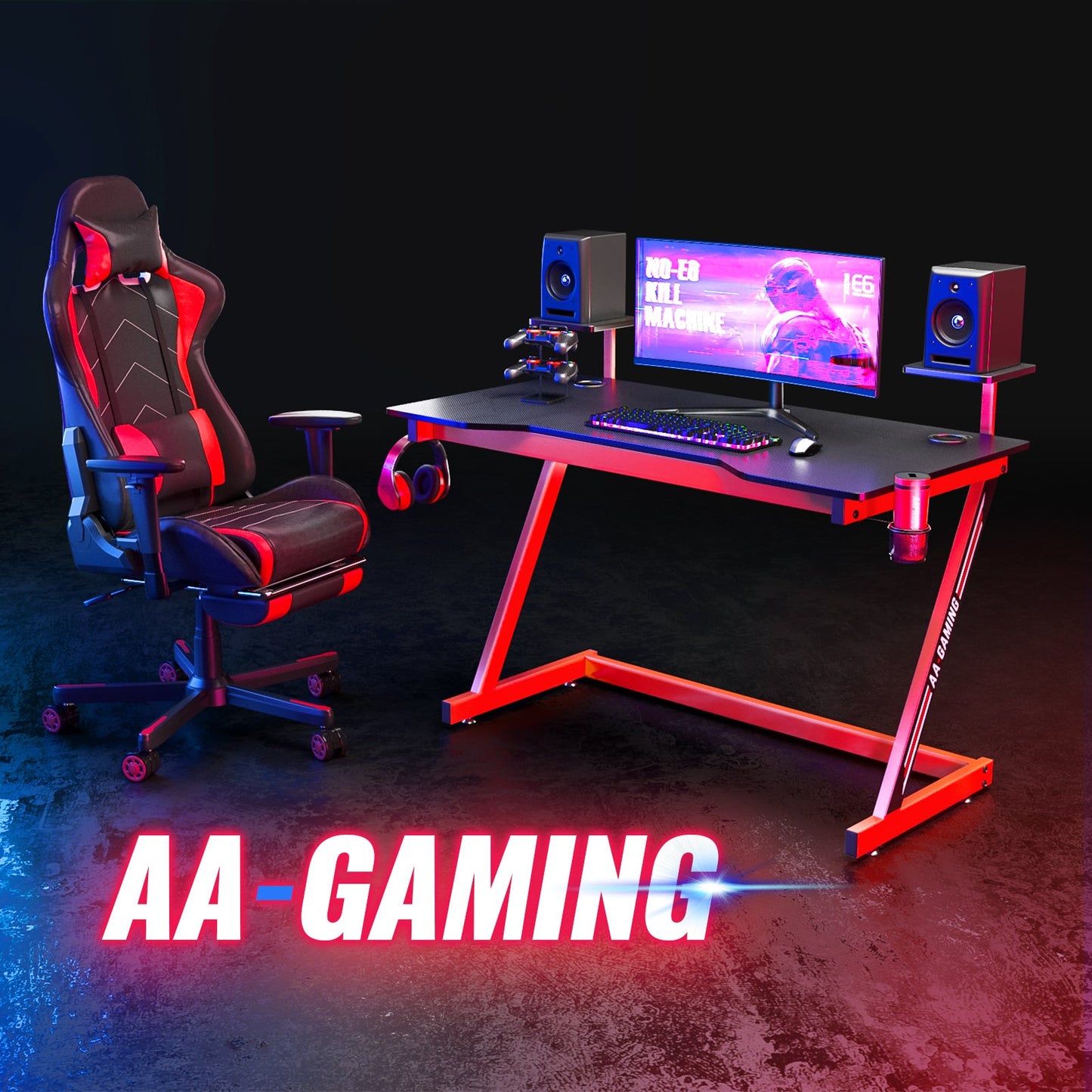 AA Products Gaming Desk 47.2",Z-Shaped Design Computer Desk Suitable for Home and Office with Controller Stand, Cup Holder, Headphone Hook and Loudspeaker Stand(GD-Z-Red) - AA Products Inc