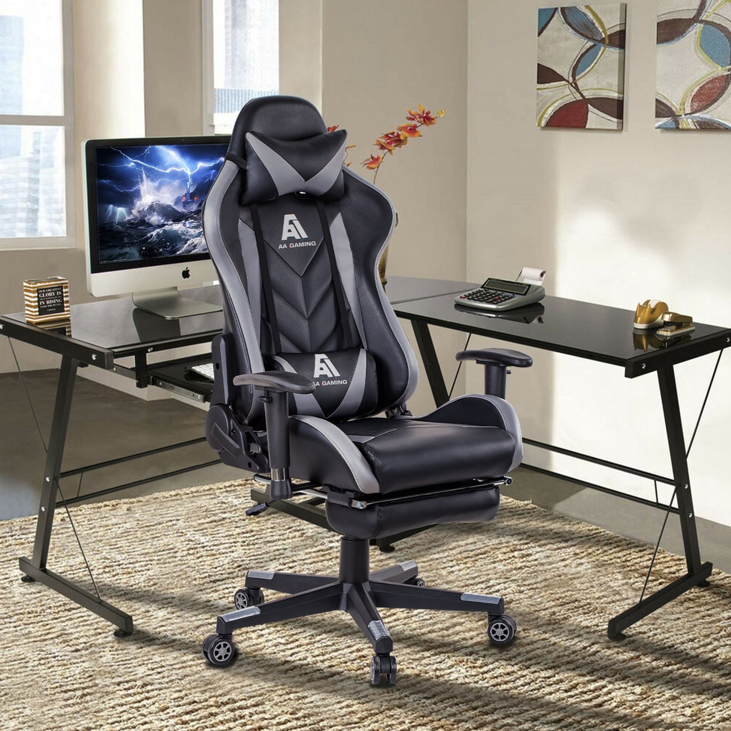 AA Products Gaming Chair High Back Ergonomic Computer Racing Chair Adjustable Office Chair with Footrest, Lumbar Support Swivel Chair - Grey - AA Products Inc