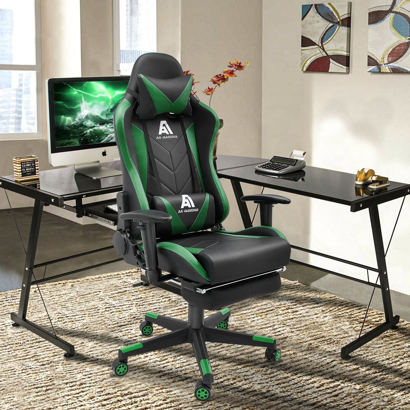 AA Products Gaming Chair High Back Ergonomic Computer Racing Chair Adjustable Gamer Chair with Footrest, Lumbar Support Swivel Chair – BlackGreen - AA Products Inc