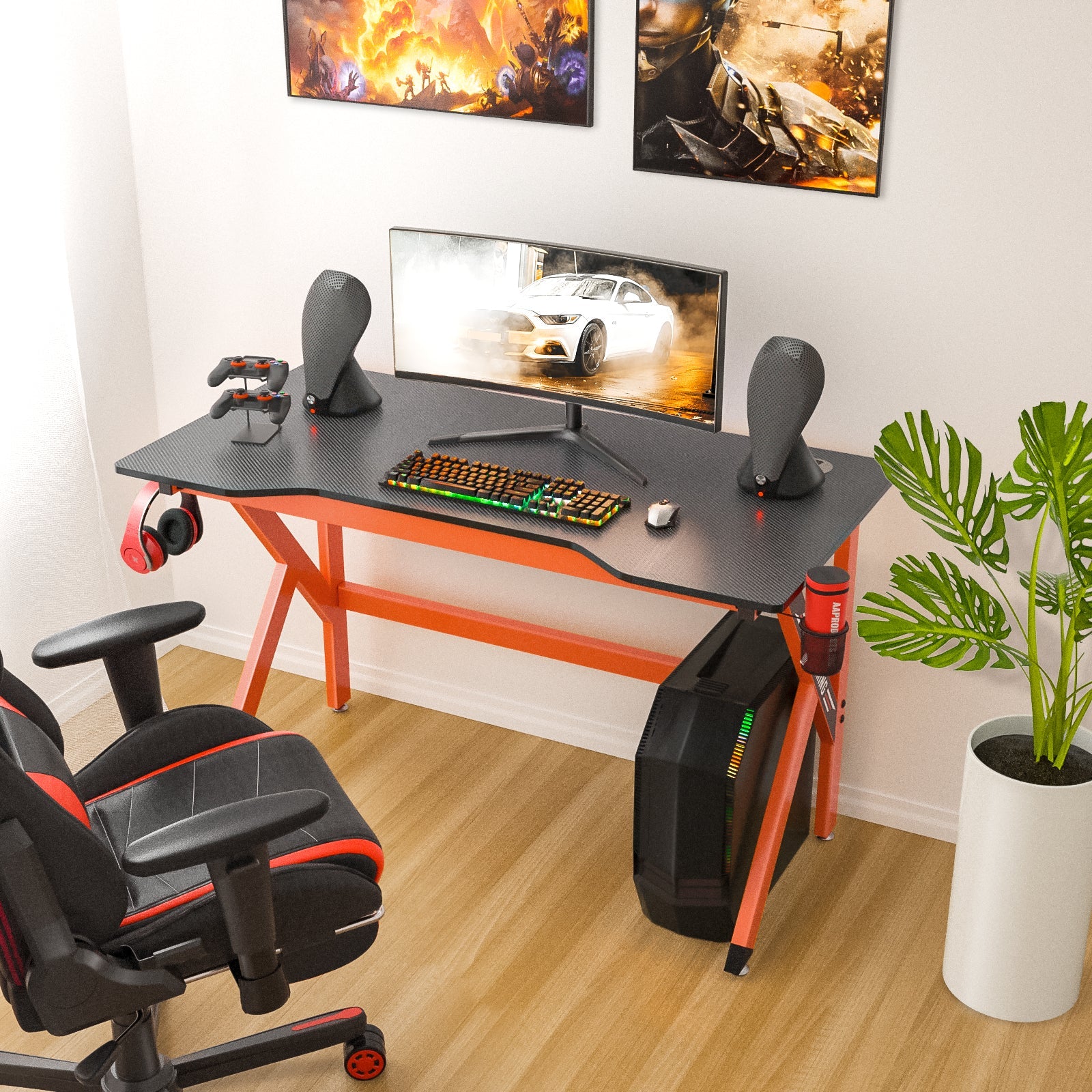 Gaming Desk 47.2 Inches K-Shaped Design Computer Desk Suitable for Home and Office with Controller Stand, Cup Holder and Headphone Hook(GD-K-Red) - AA Products Inc